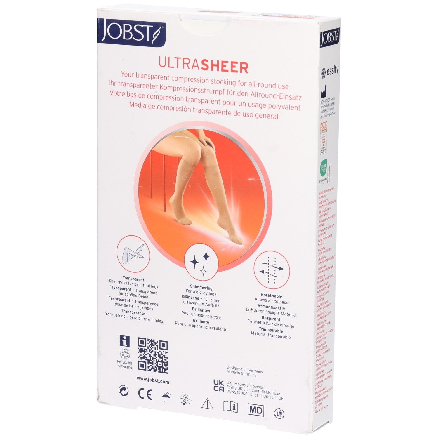 Rückseite der Verpackung JOBST UltraSheer Kompressions-Kniestrümpfe. Text und Piktogramme. Abbildung der Strümpfe.