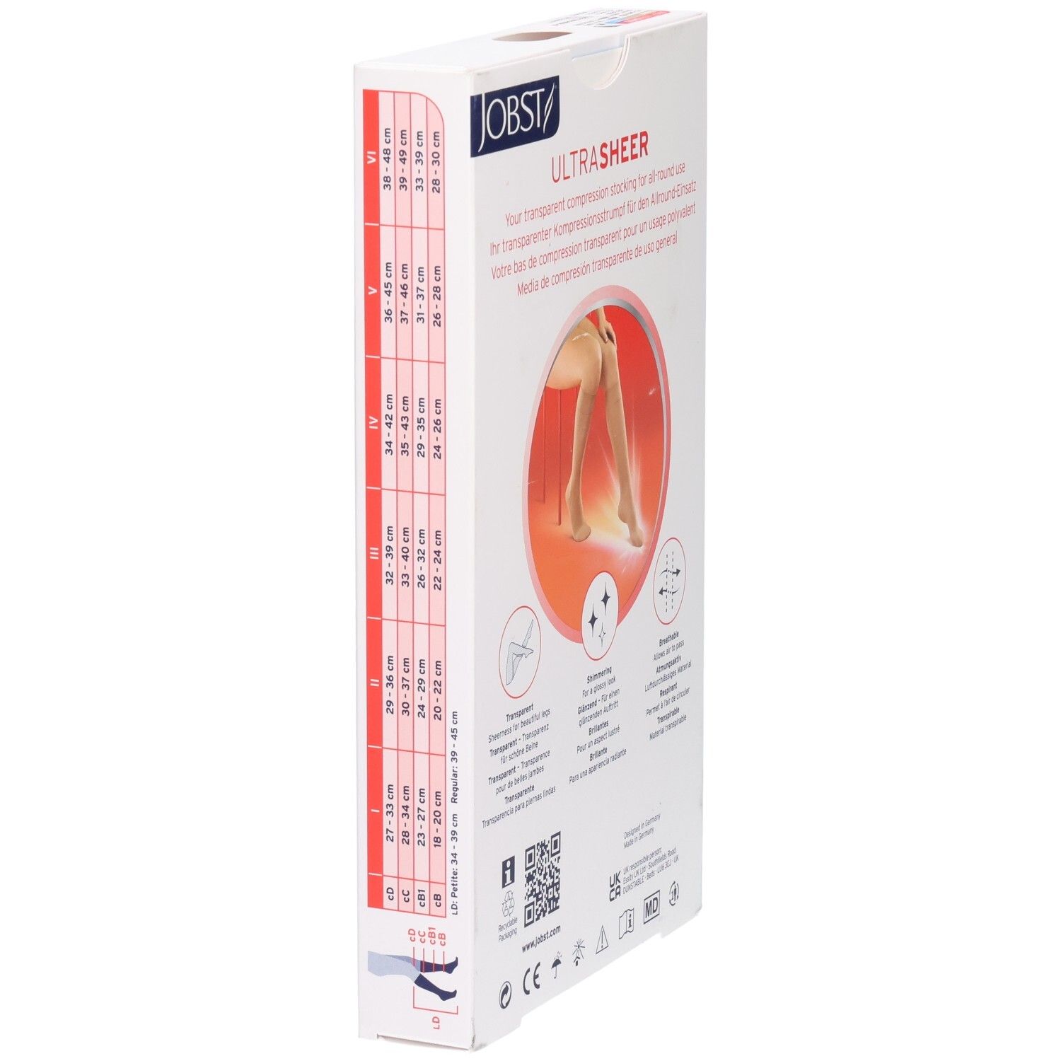 Seite der Verpackung JOBST UltraSheer Kompressions-Kniestrümpfe. Größentabelle und Piktogramme. QR-Code.