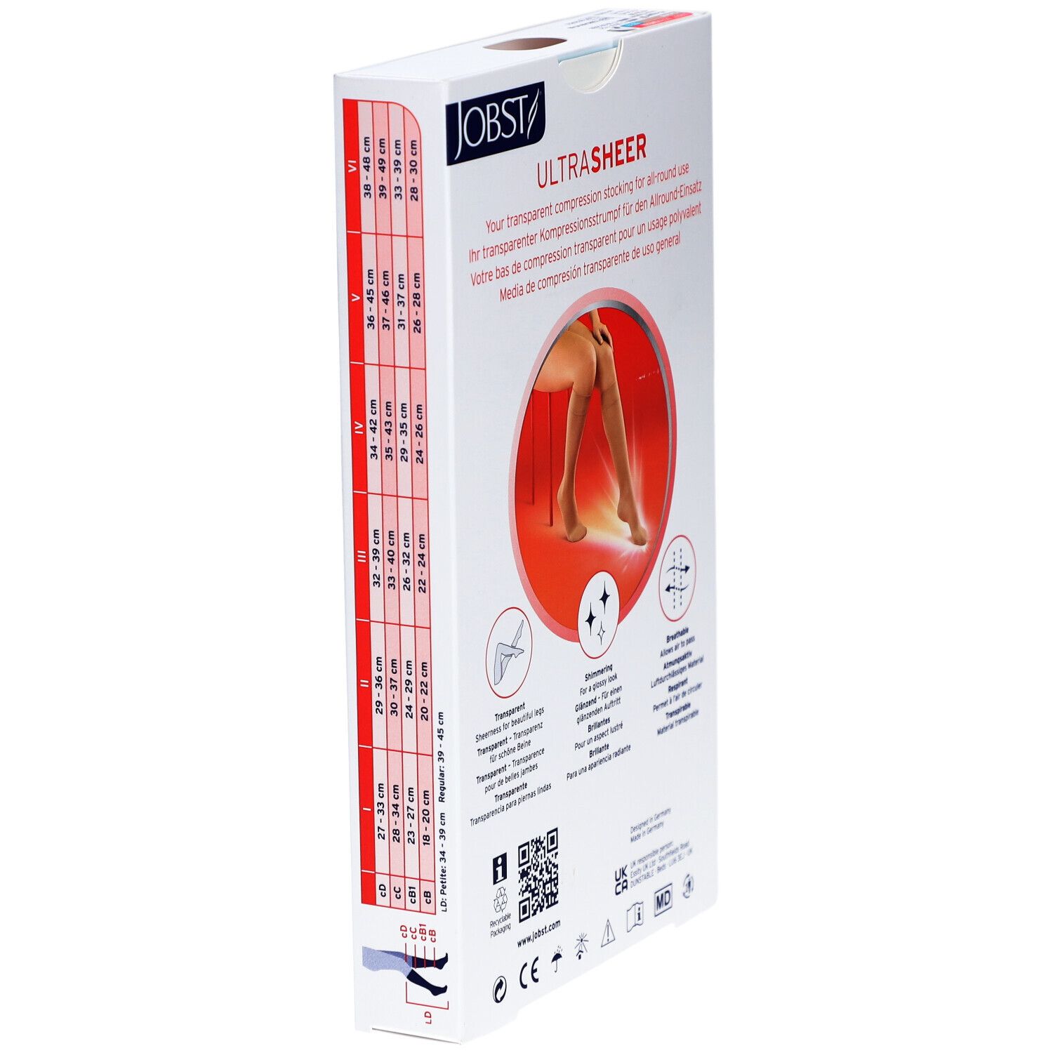 Verpackung JOBST UltraSheer. Seite mit Größentabelle und Produktinformationen. Illustration eines Beines mit Strumpf.