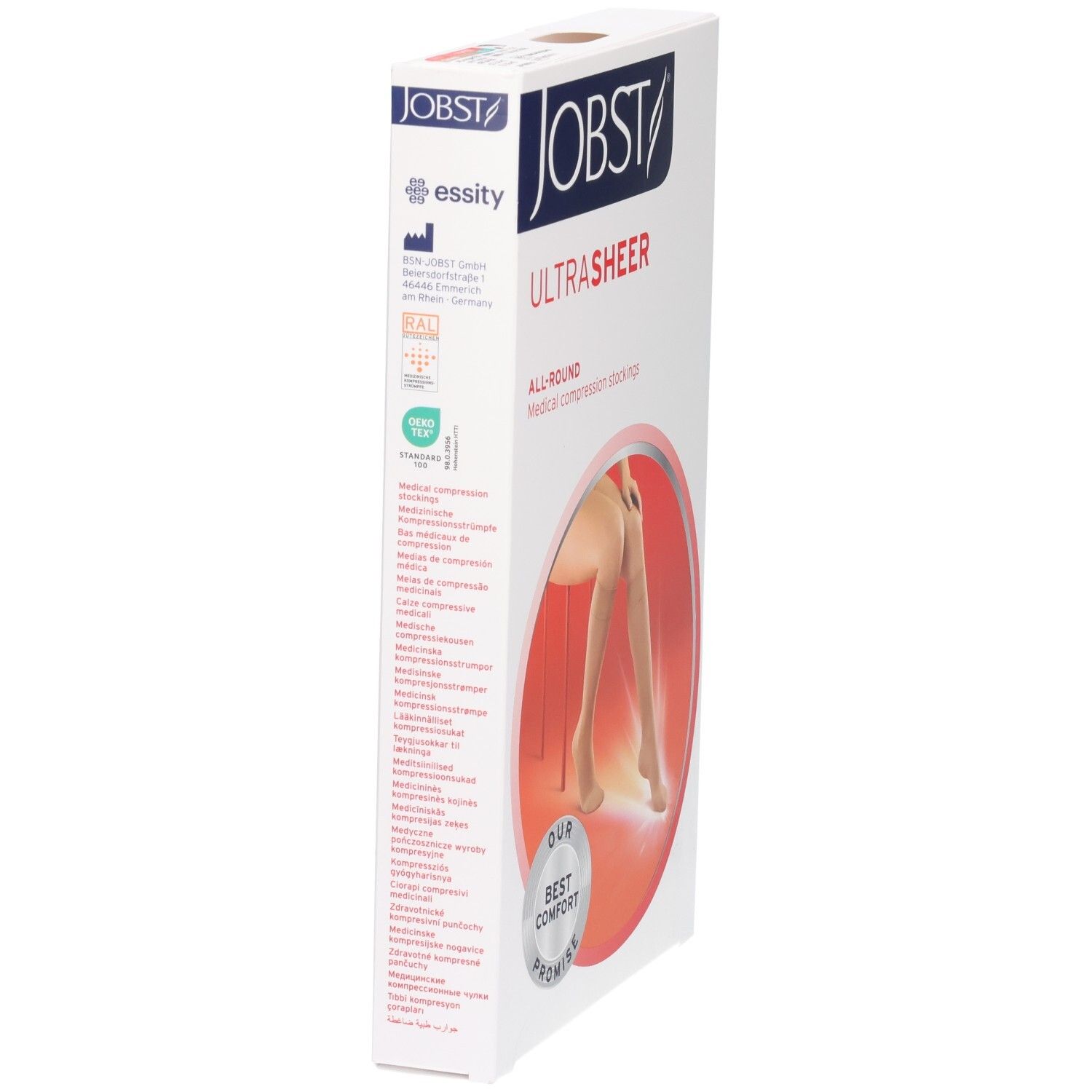 Verpackung für Jobst Ultrasheer Kompressionsstrümpfe, mit Abbildung eines Beins.