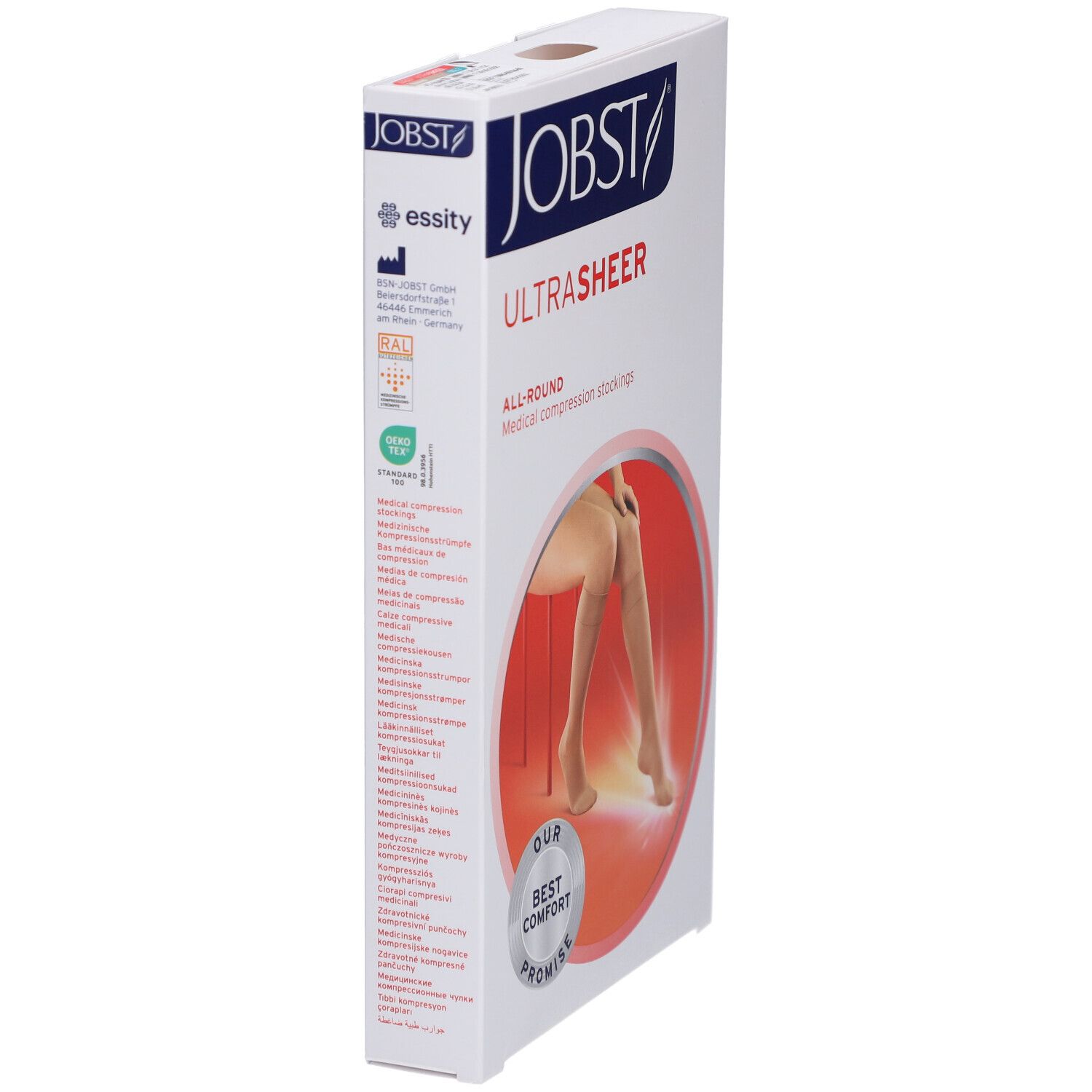 Verpackung JOBST Ultrasheer Kompressionsstrümpfe. Aufdruck: All-Round, medizinische Kompressionsstrümpfe. Logo und Text. Seitenansicht.
