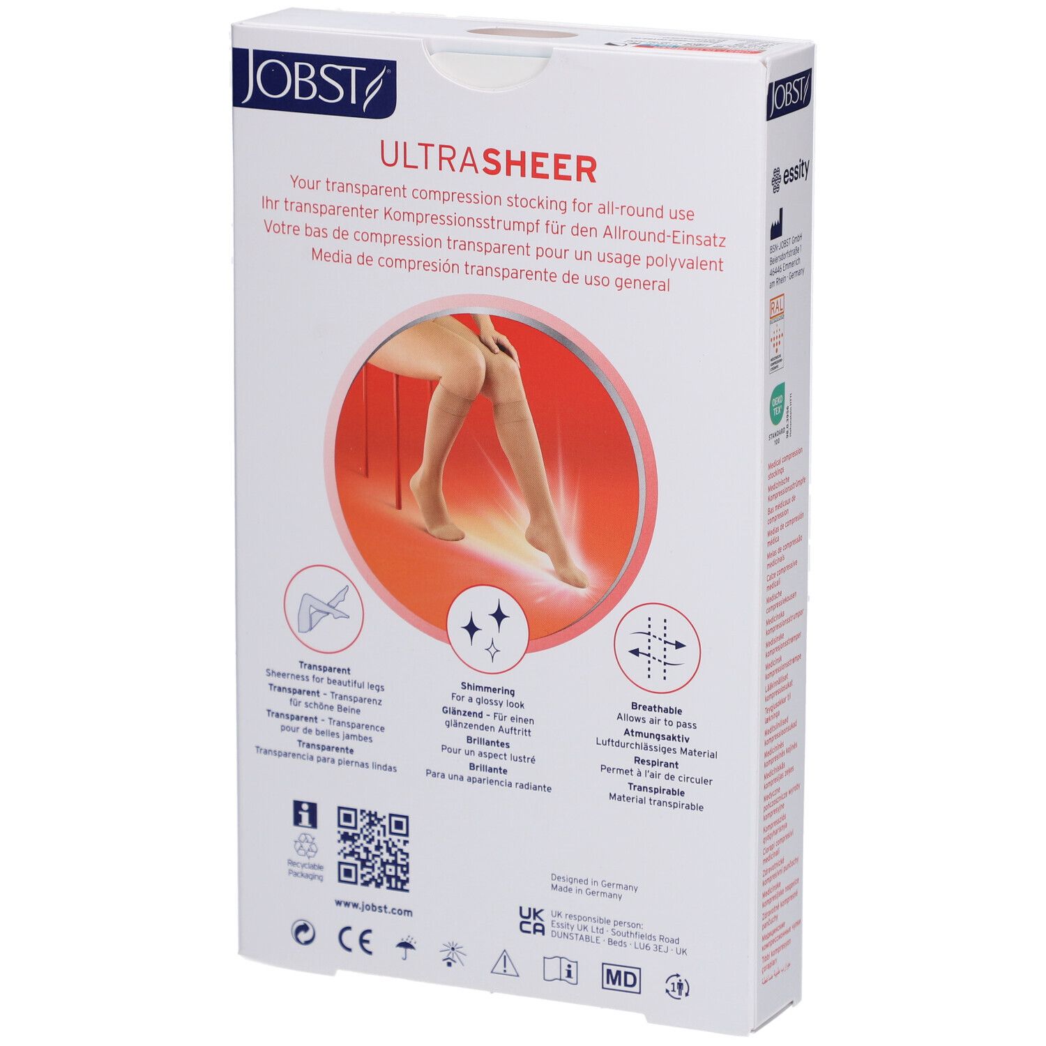 Rückseite der Verpackung von JOBST Ultrasheer Kompressionsstrümpfen. Text in mehreren Sprachen. Illustration: Bein mit Strumpf. Zertifizierungen.