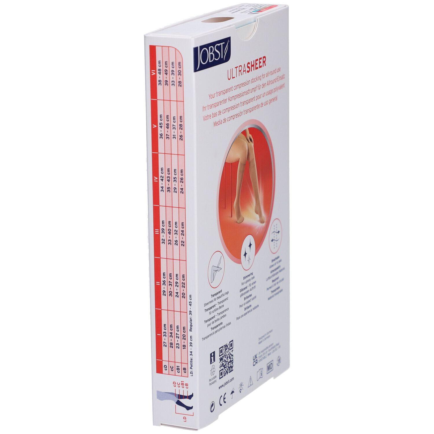Seite der Verpackung von JOBST Ultrasheer Kompressionsstrümpfen. Größentabelle. Illustration: Bein mit Strumpf. Text und Logos.