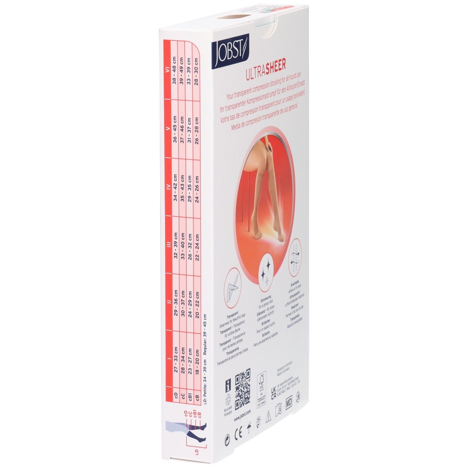 Jobst Ultrasheer Kompressionsstrümpfe Verpackung mit Größentabelle und Abbildung eines Beins.