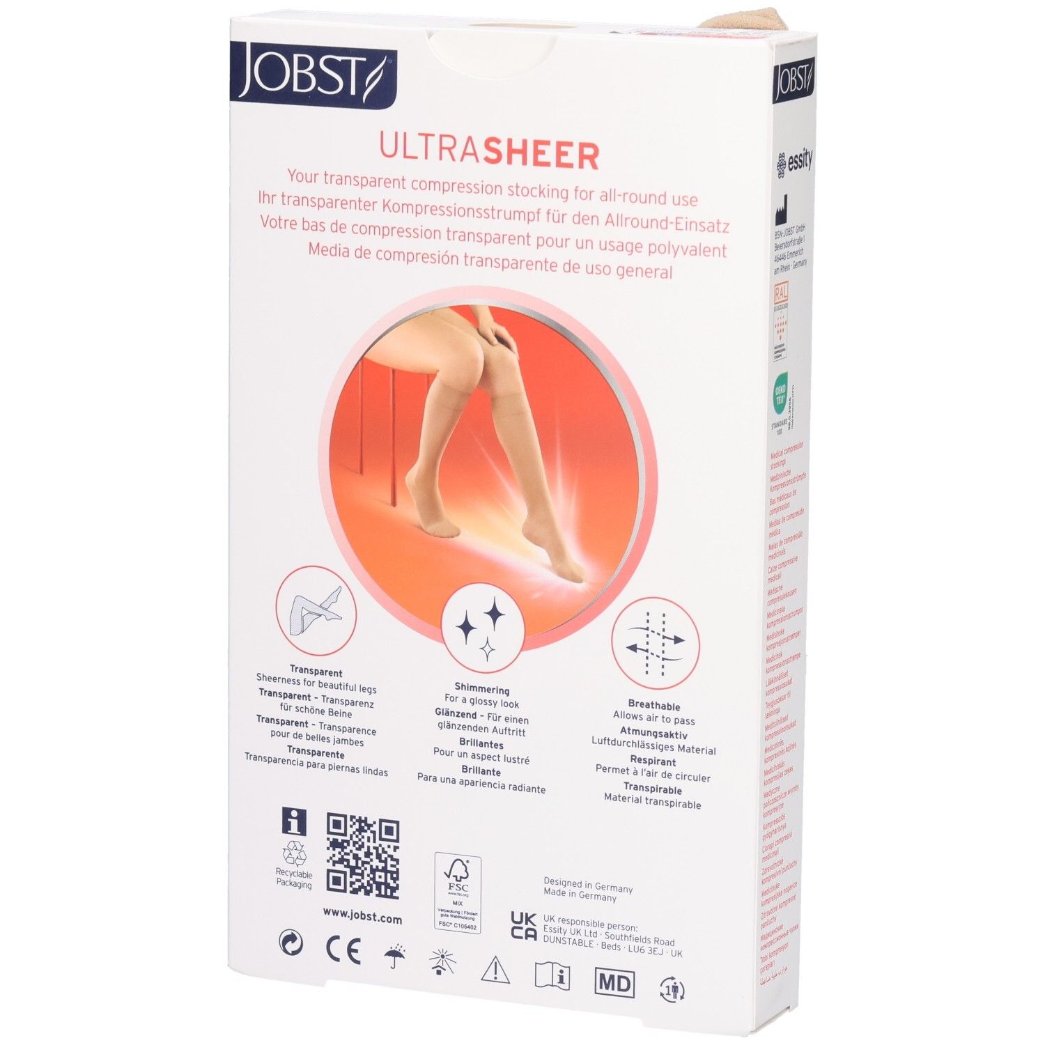 JOBST Ultrasheer Kompressionsstrumpf Verpackung mit Abbildung eines Beins, das einen hautfarbenen Strumpf trägt.