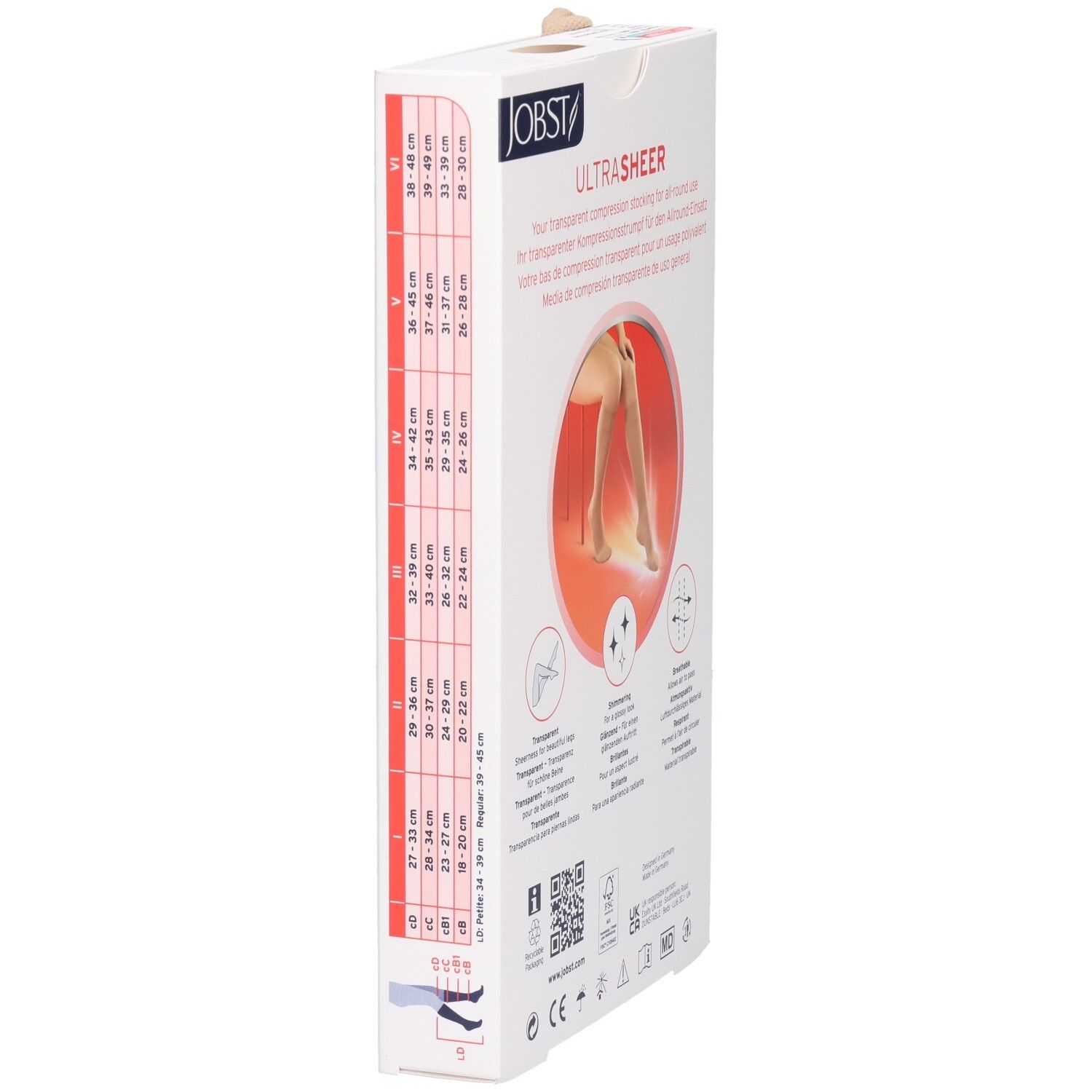 Verpackung für Kompressionsstrümpfe, mit Größentabelle und Produktabbildung.