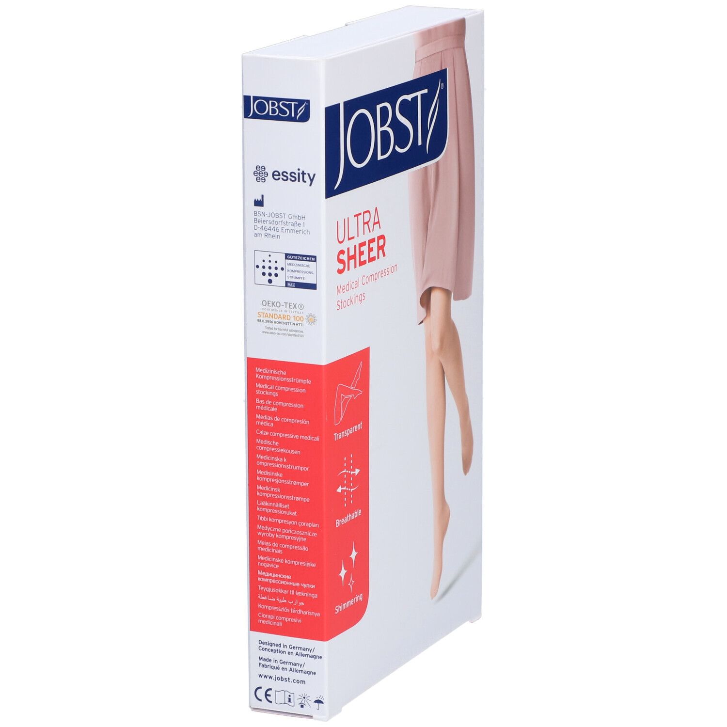 Verpackung JOBST Ultra Sheer Kompressionsstrümpfe. Transparent, atmungsaktiv, schimmernd. Produktinformationen.