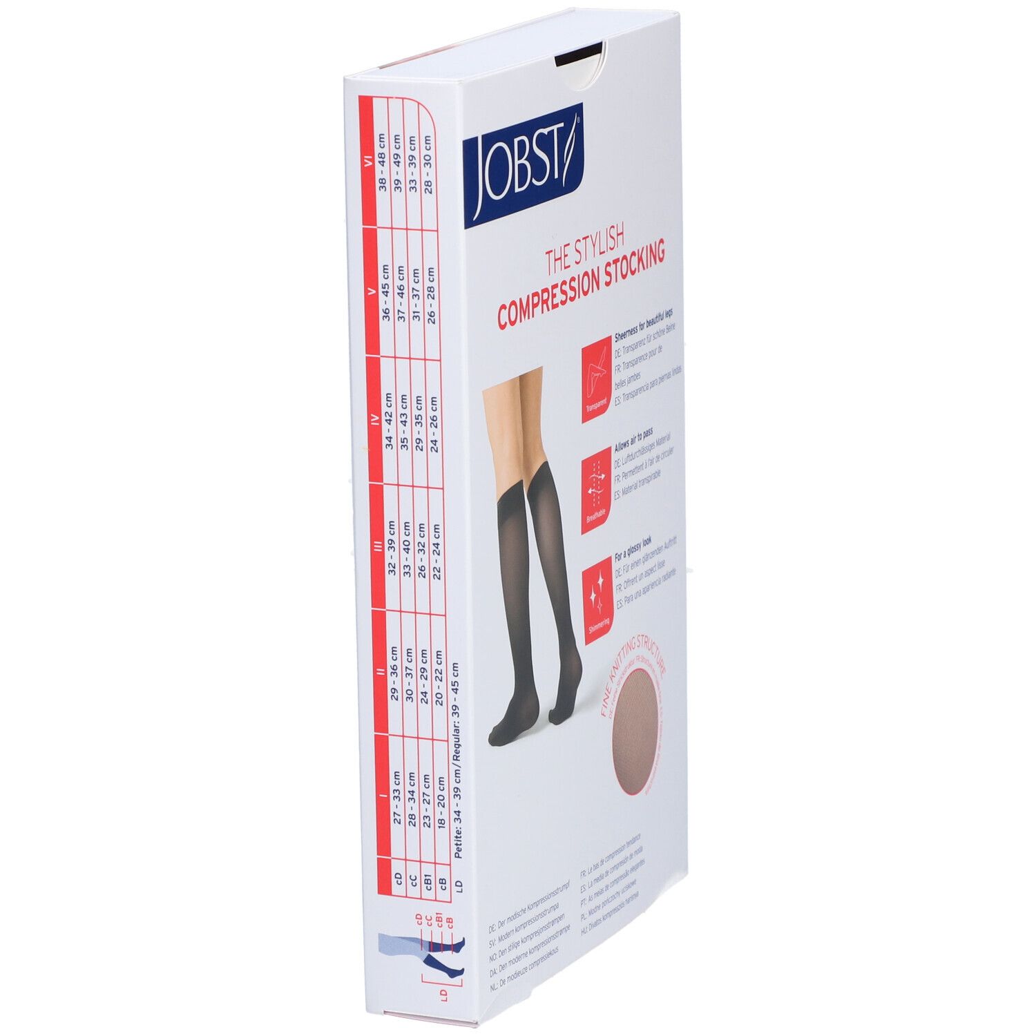 Verpackung JOBST Kompressionsstrümpfe. Größentabelle. Abbildung von Strümpfen in Schwarz.