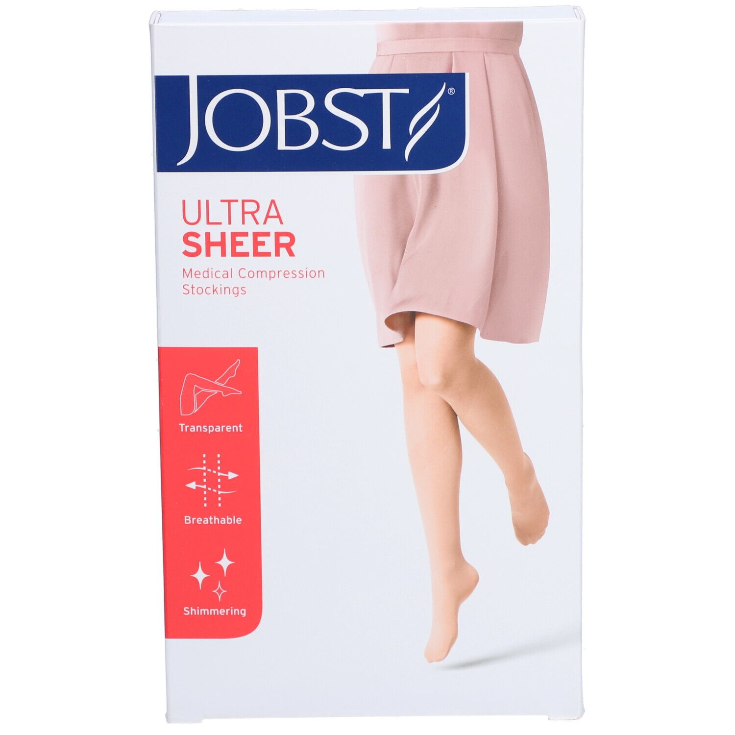Verpackung JOBST Ultra Sheer Kompressionsstrümpfe. Transparent, atmungsaktiv, schimmernd. Abbildung eines Beines.