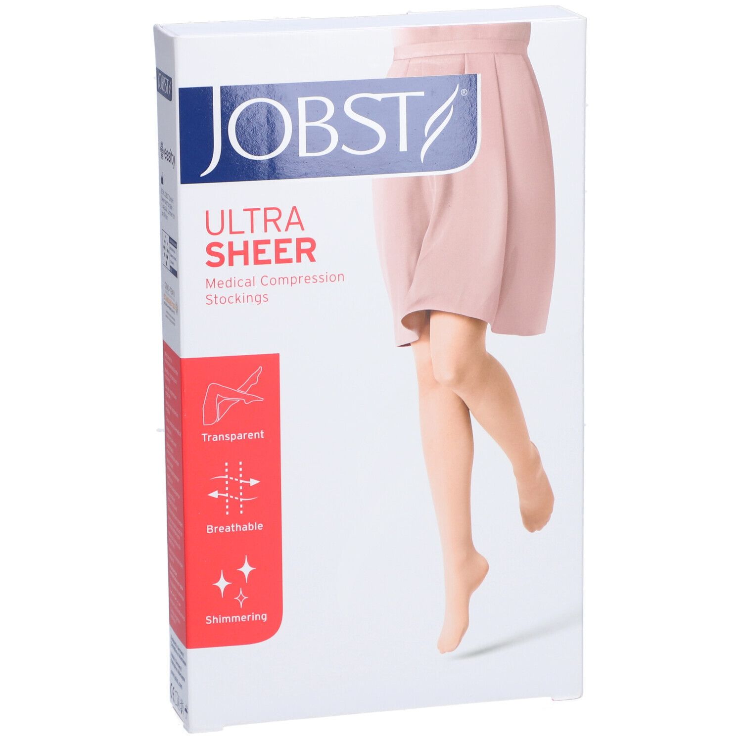 Verpackung JOBST Ultra Sheer Kompressionsstrümpfe. Transparent, atmungsaktiv, schimmernd. Abbildung eines Beines.