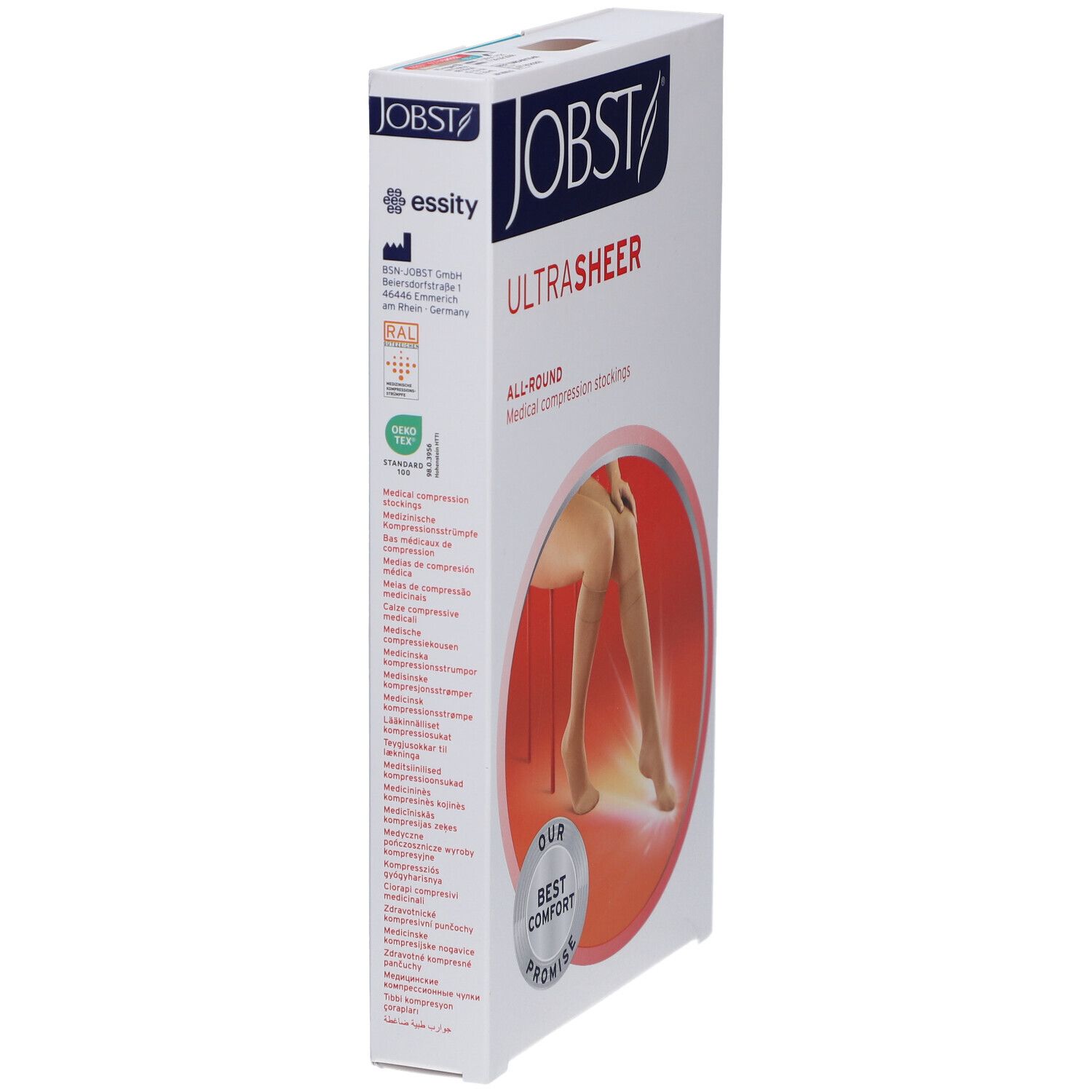 JOBST UltraSheer Kompressions-Kniestrümpfe: Seitenansicht der Verpackung mit Produktinformationen und Siegeln.