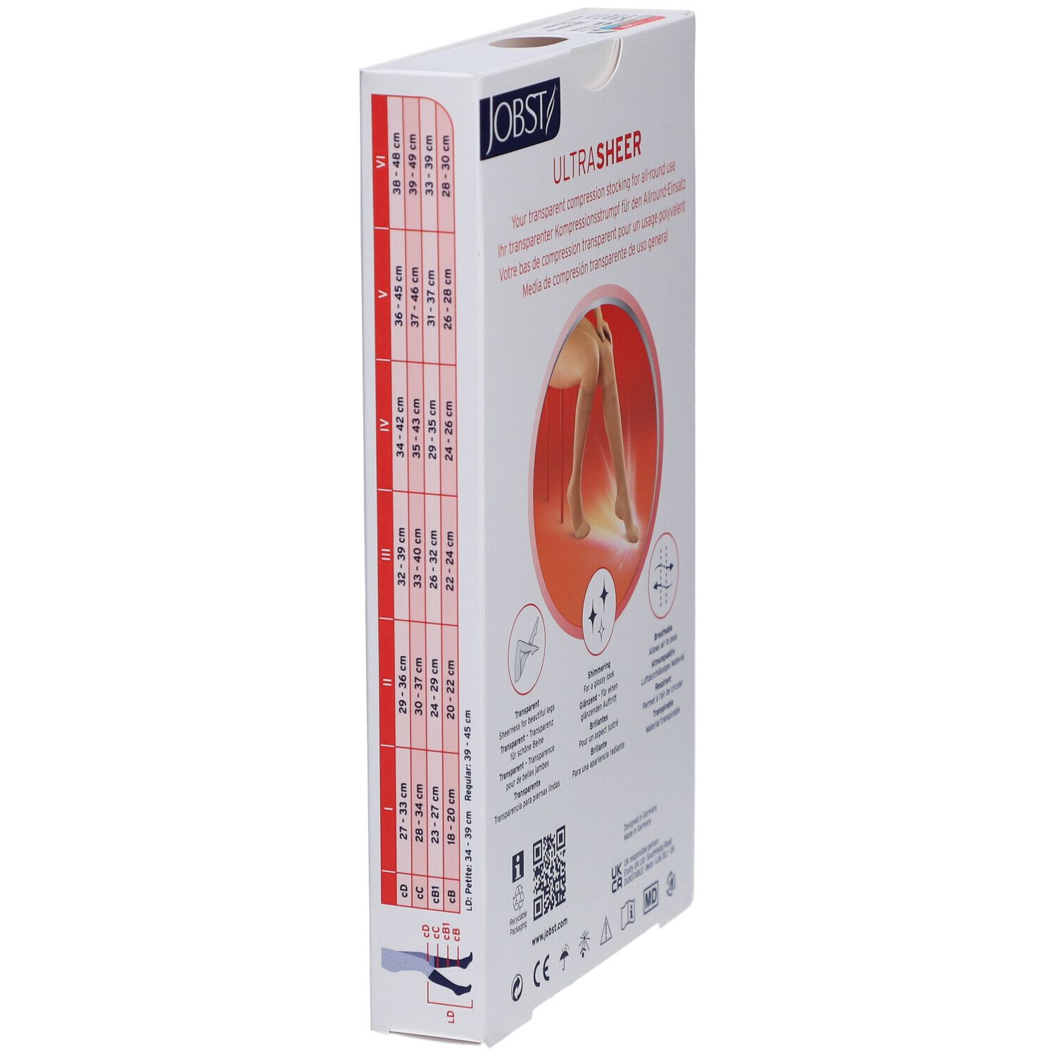 JOBST UltraSheer Kompressions-Kniestrümpfe: Seitenansicht der Verpackung mit Größentabelle und Produktabbildung.