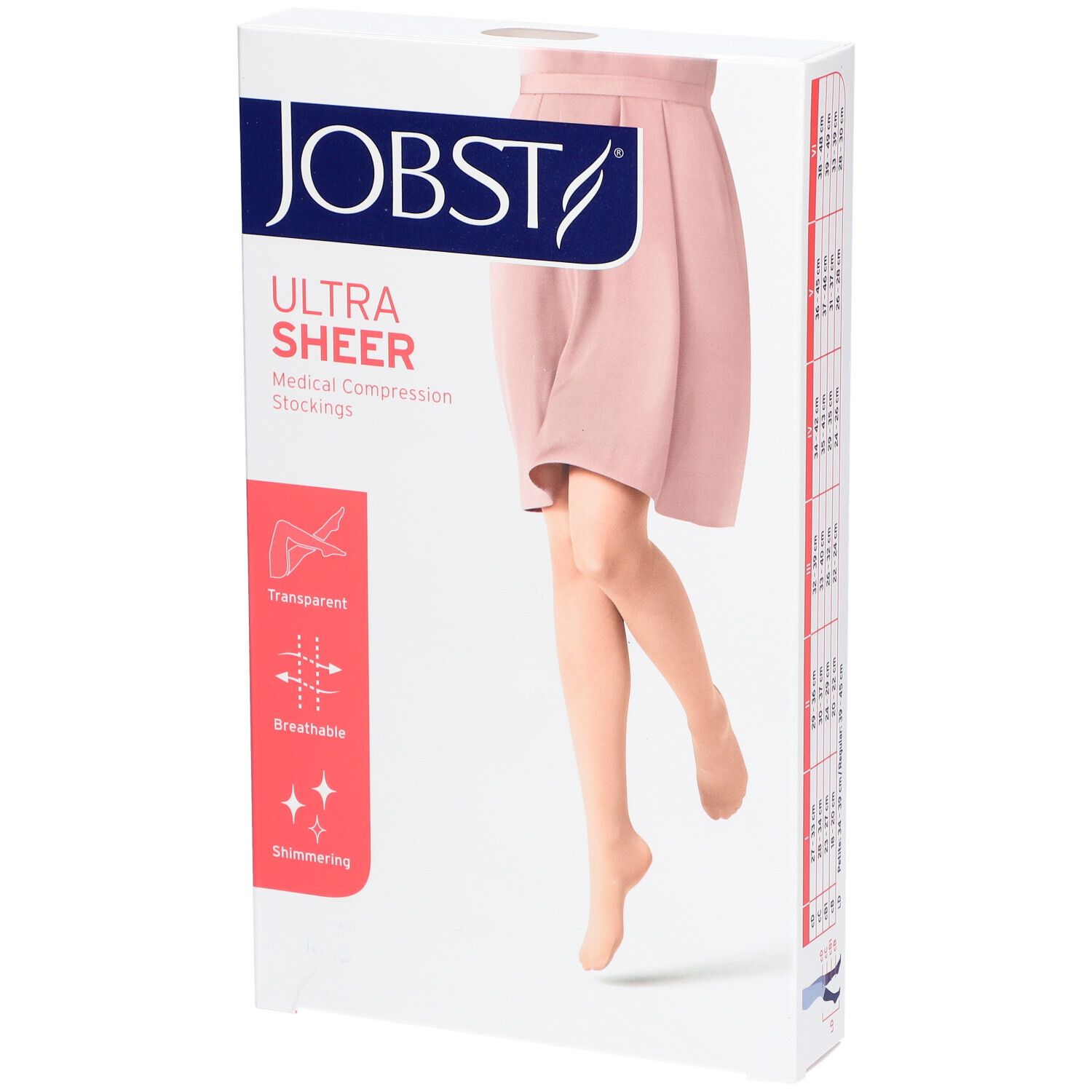 Verpackung JOBST Ultra Sheer medizinische Kompressionsstrümpfe. Eigenschaften: transparent, atmungsaktiv, schimmernd. Abbildung eines Beins.