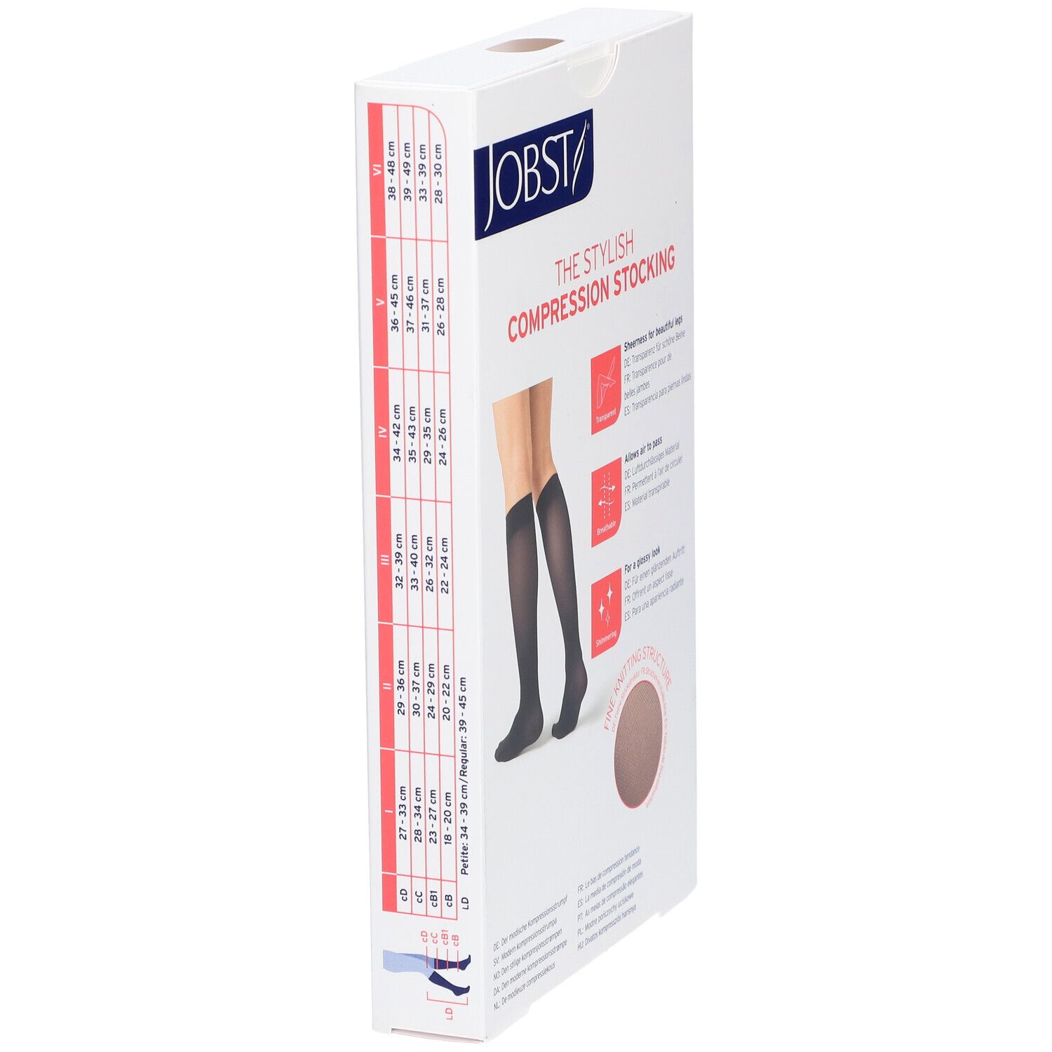 Verpackung Kompressionsstrümpfe. Größenangaben. Abbildung von schwarzen Strümpfen. Feine Strickstruktur. Größenangaben.