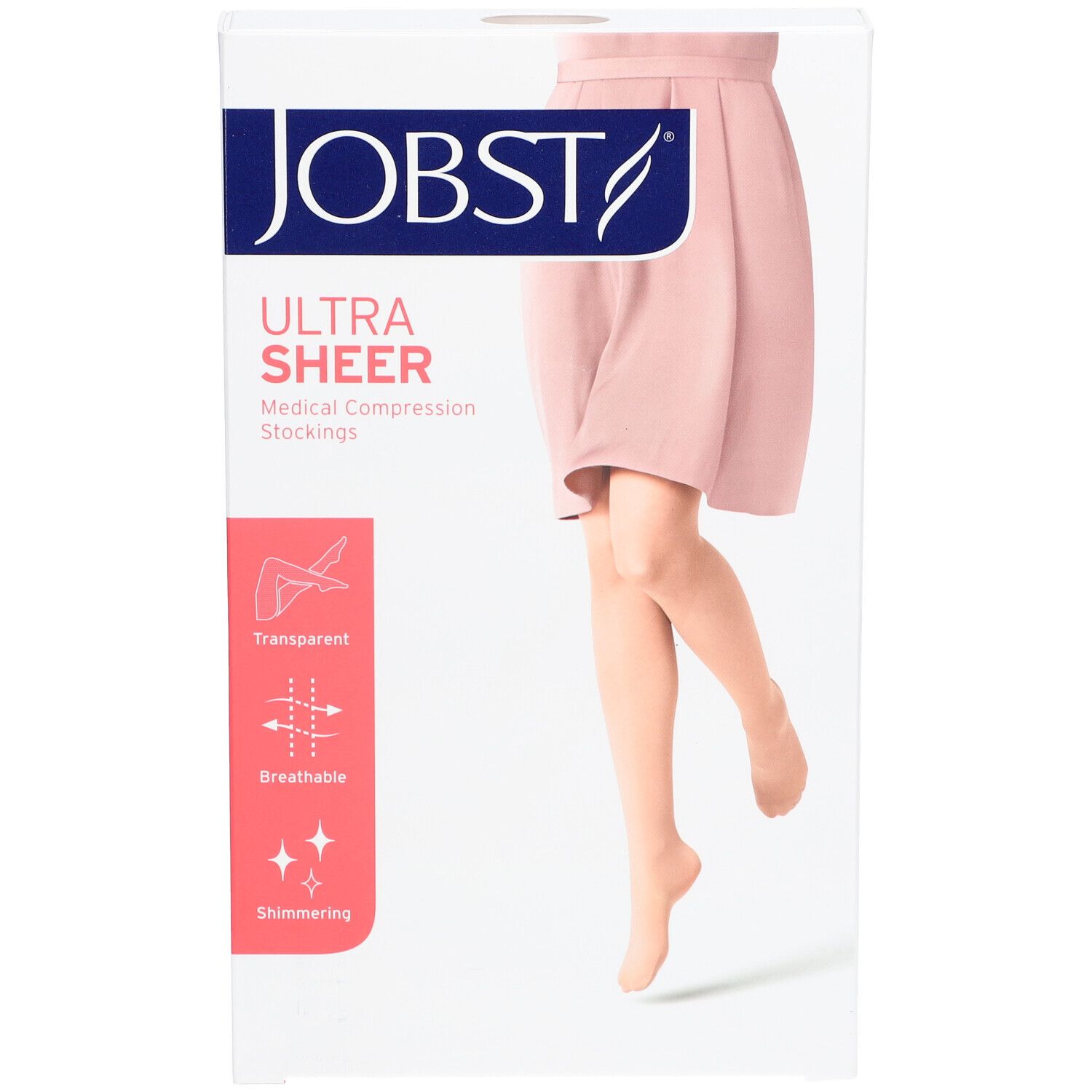 Verpackung JOBST Ultra Sheer medizinische Kompressionsstrümpfe. Eigenschaften: transparent, atmungsaktiv, schimmernd. Abbildung eines Beins.