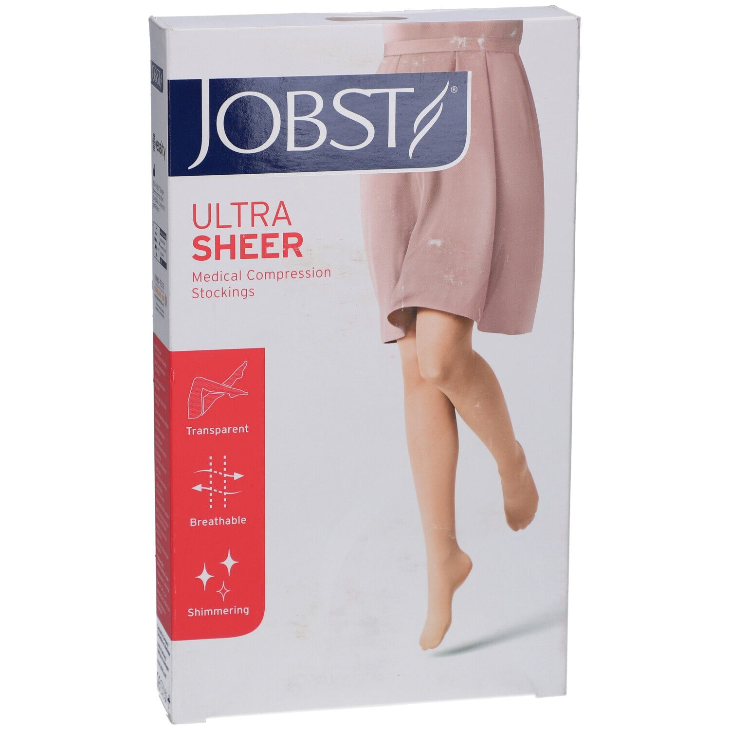 Verpackung JOBST UltraSheer Kompressions-Kniestrümpfe. Produktabbildung: Bein mit Strumpf. Transparent, atmungsaktiv, schimmernd.