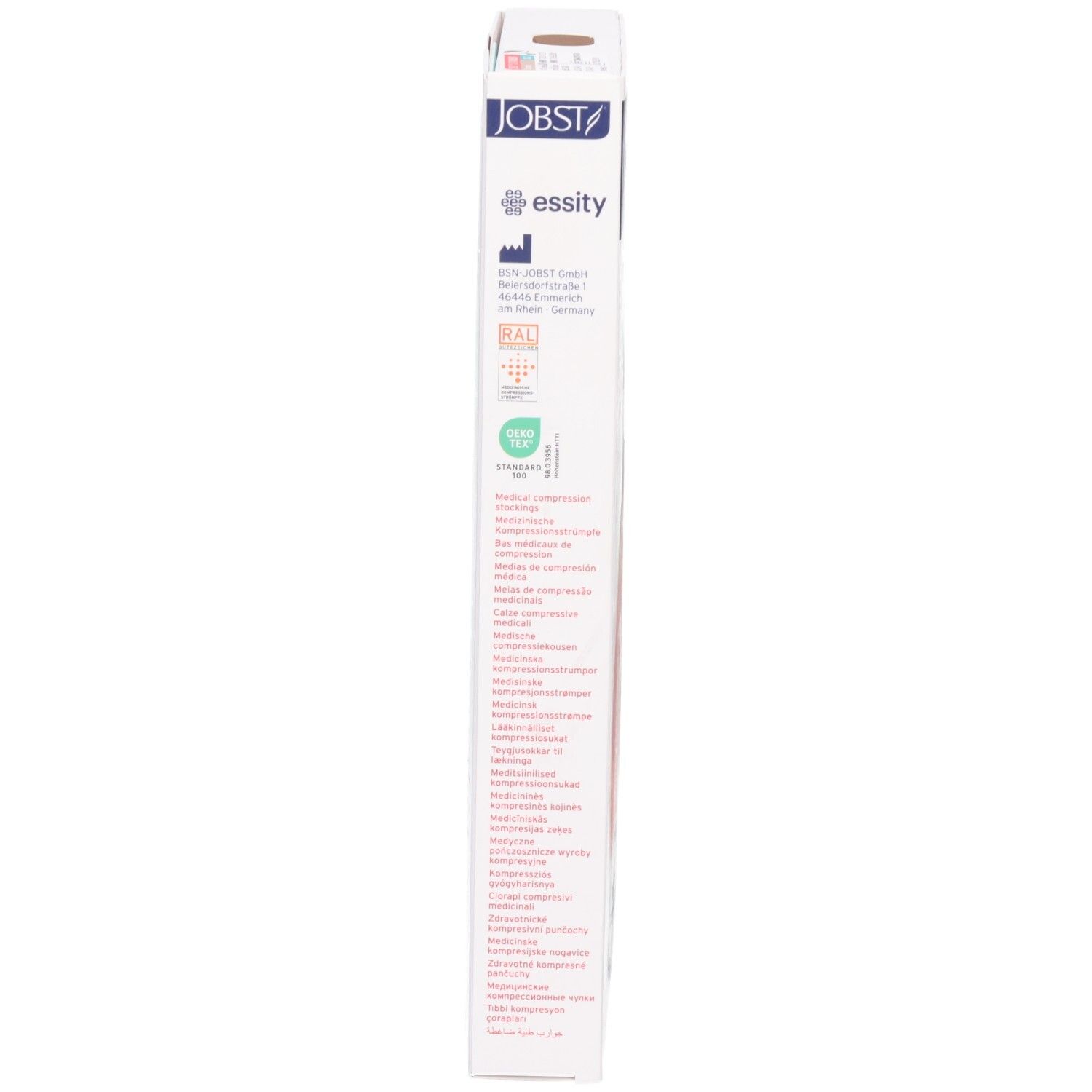 Seite der Verpackung JOBST UltraSheer. Text: JOBST, essity, Produktinformationen, Größenangaben, Zertifizierungen.