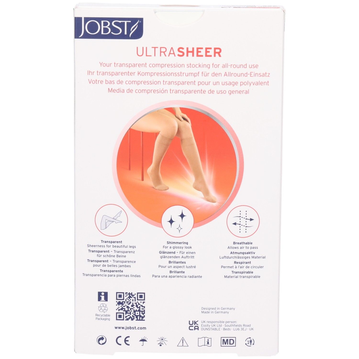 Rückseite der Verpackung JOBST UltraSheer. Text: UltraSheer, transparente Kompressionsstrümpfe, Produktmerkmale, Logos.