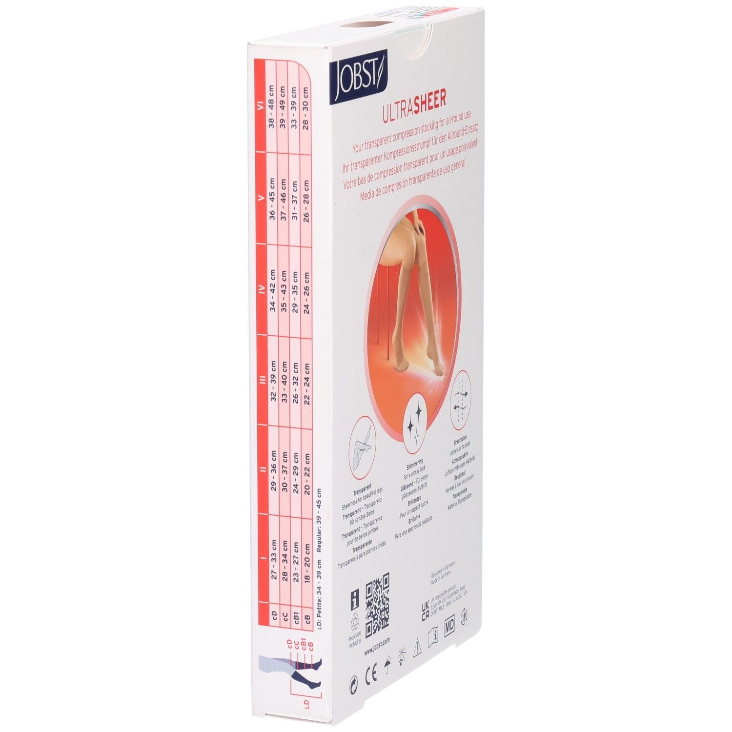 Verpackung für Jobst Ultrasheer Kompressionsstrümpfe mit Größentabelle und Produktabbildung.