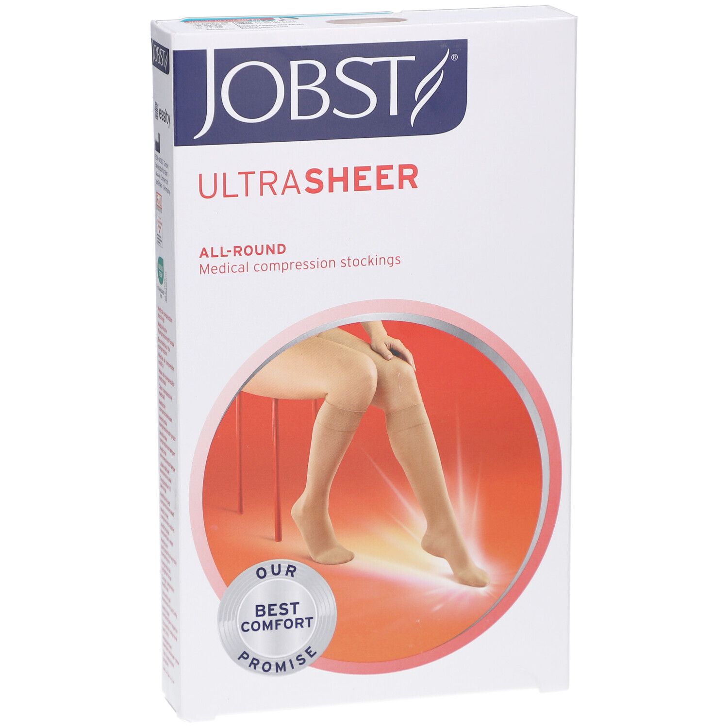 Verpackung JOBST UltraSheer Kompressions-Kniestrümpfe. Beige Strümpfe auf rotem Hintergrund. Logo und Produktbezeichnung.