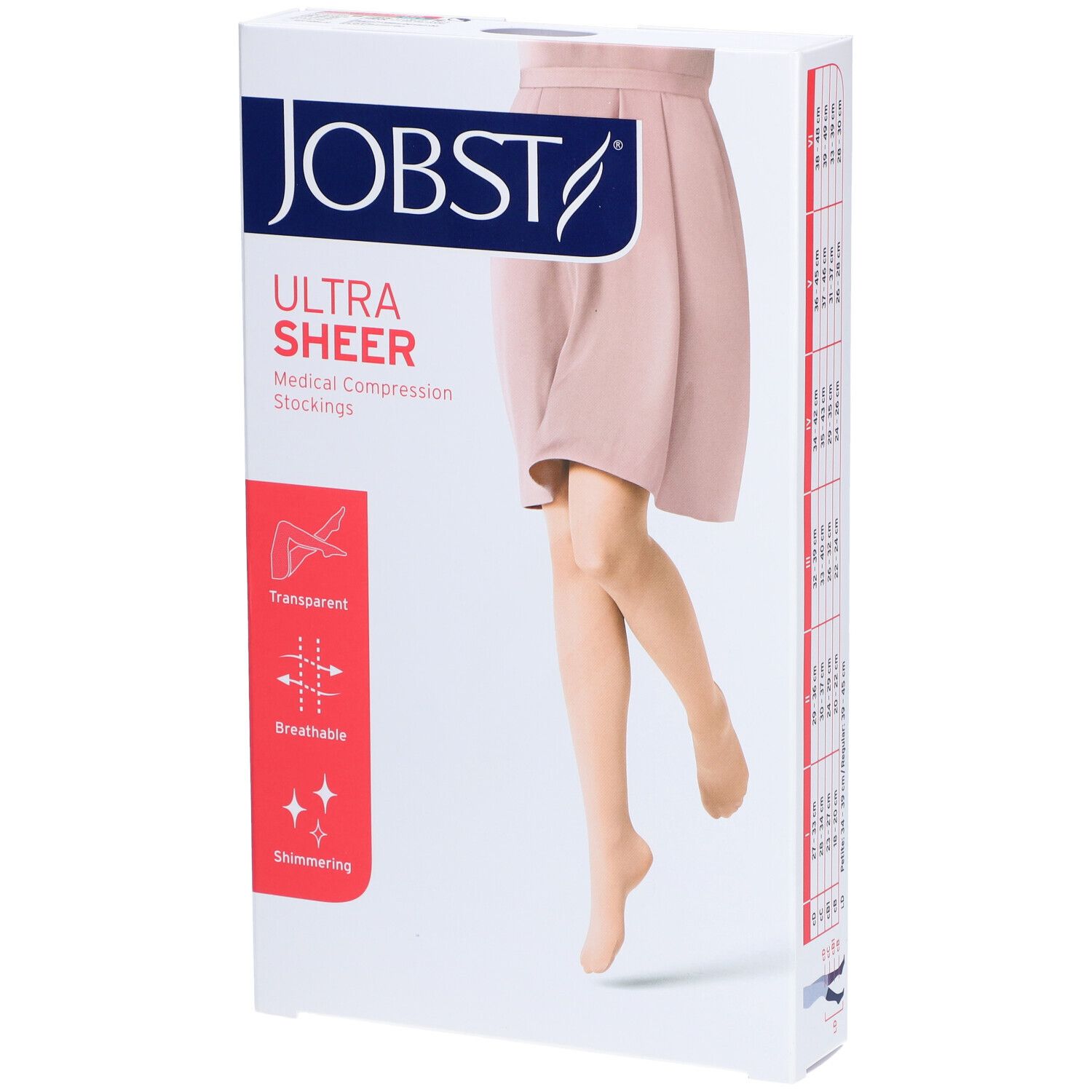 Verpackung JOBST Ultra Sheer Kompressionsstrümpfe. Transparent, atmungsaktiv, schimmernd. Abbildung eines Beins.