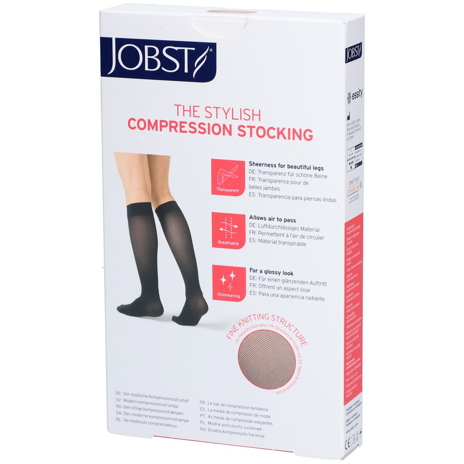 Verpackung JOBST Kompressionsstrümpfe. Schwarze Strümpfe abgebildet. Transparent, atmungsaktiv, für glänzendes Aussehen.