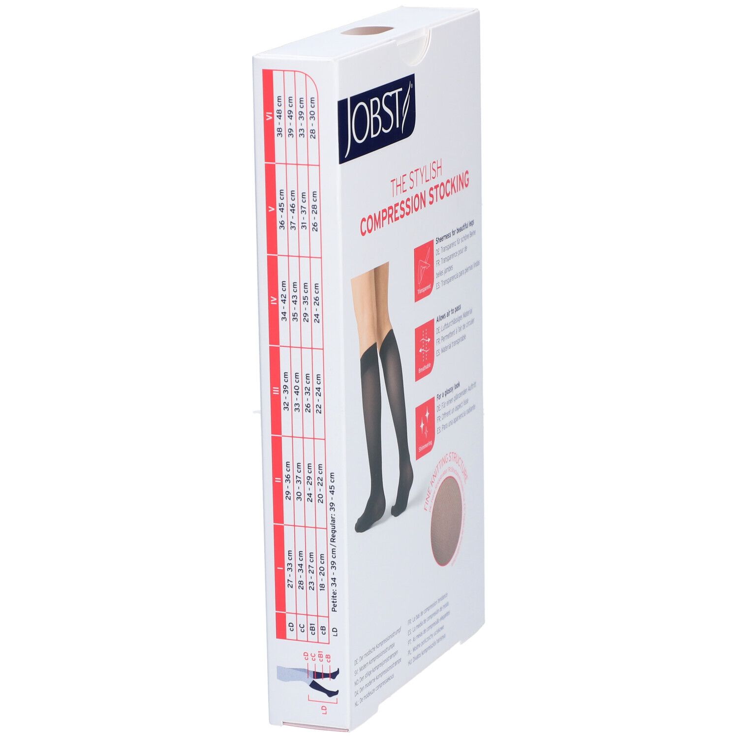 Verpackung JOBST Kompressionsstrümpfe. Seite mit Größentabelle und Abbildung. Schwarze Strümpfe. Feine Strickstruktur.