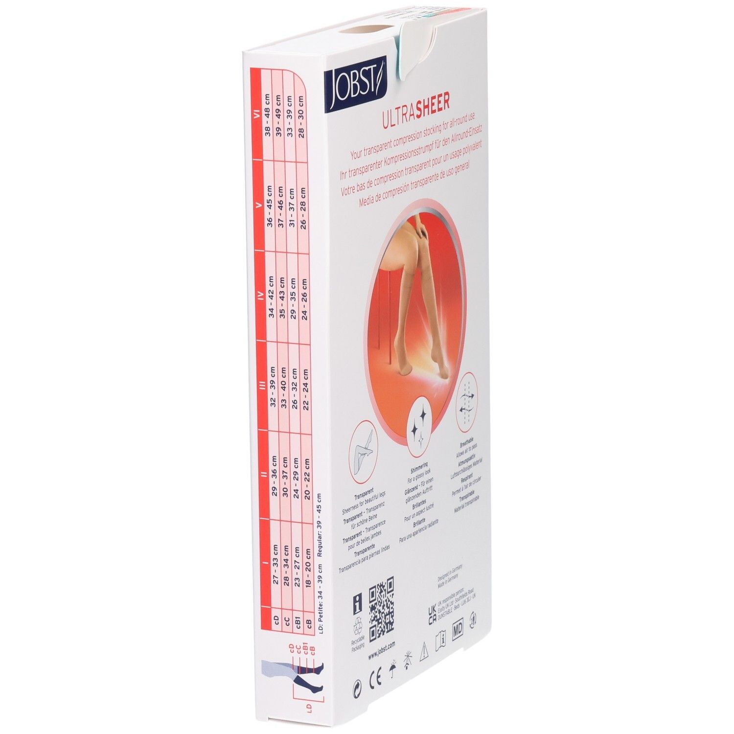 Jobst Ultrasheer Kompressionsstrümpfe Verpackung mit Größentabelle und Produktabbildung.