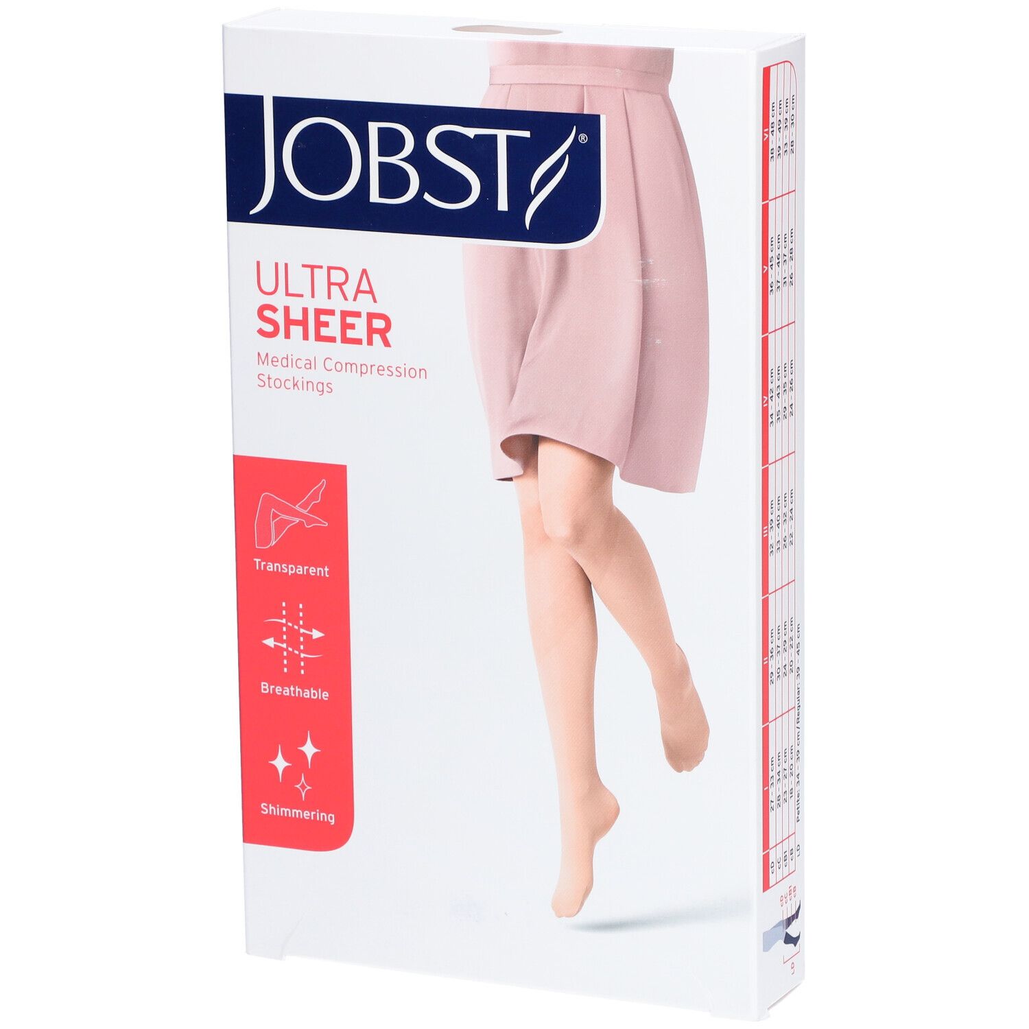 JOBST Ultrasheer Kompressionsstrümpfe in Verpackung. Transparent, atmungsaktiv, schimmernd. Abbildung einer Frau mit Strümpfen.
