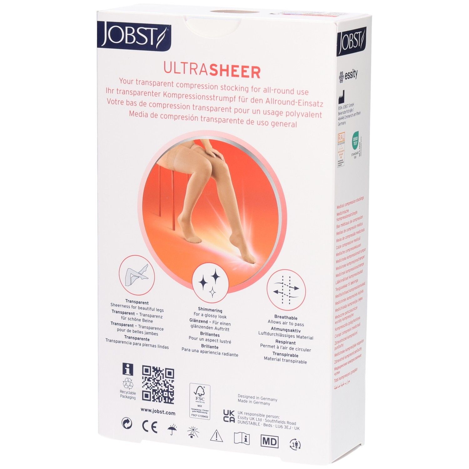 Rückseite der Verpackung von JOBST UltraSheer Kompressions-Schenkelstrümpfen. Text: transparent, atmungsaktiv, glänzend. Logos und QR-Code.