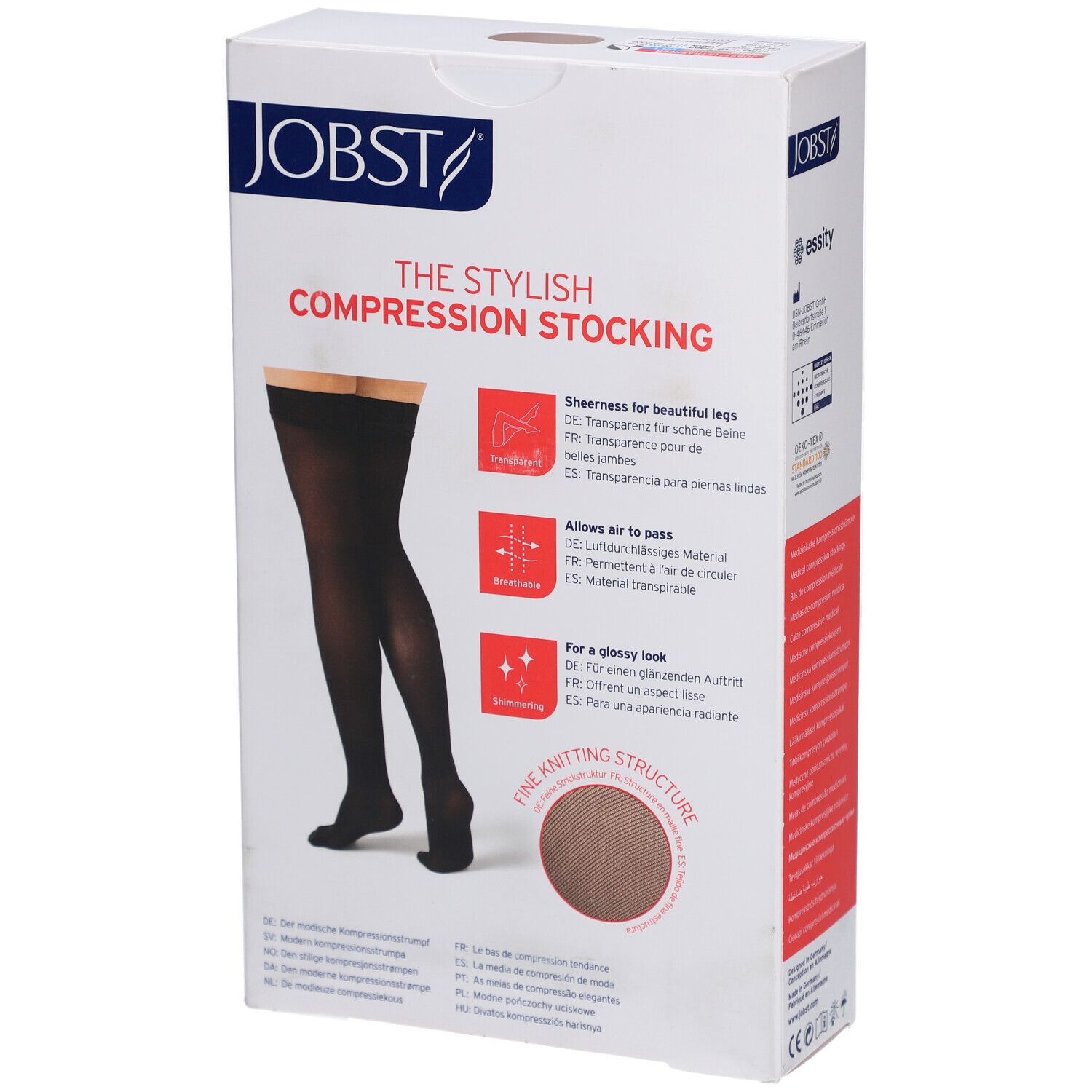 Verpackung JOBST Kompressionsstrümpfe. Eigenschaften: transparent, atmungsaktiv, schimmernd. Abgebildet: Bein mit schwarzem Strumpf.