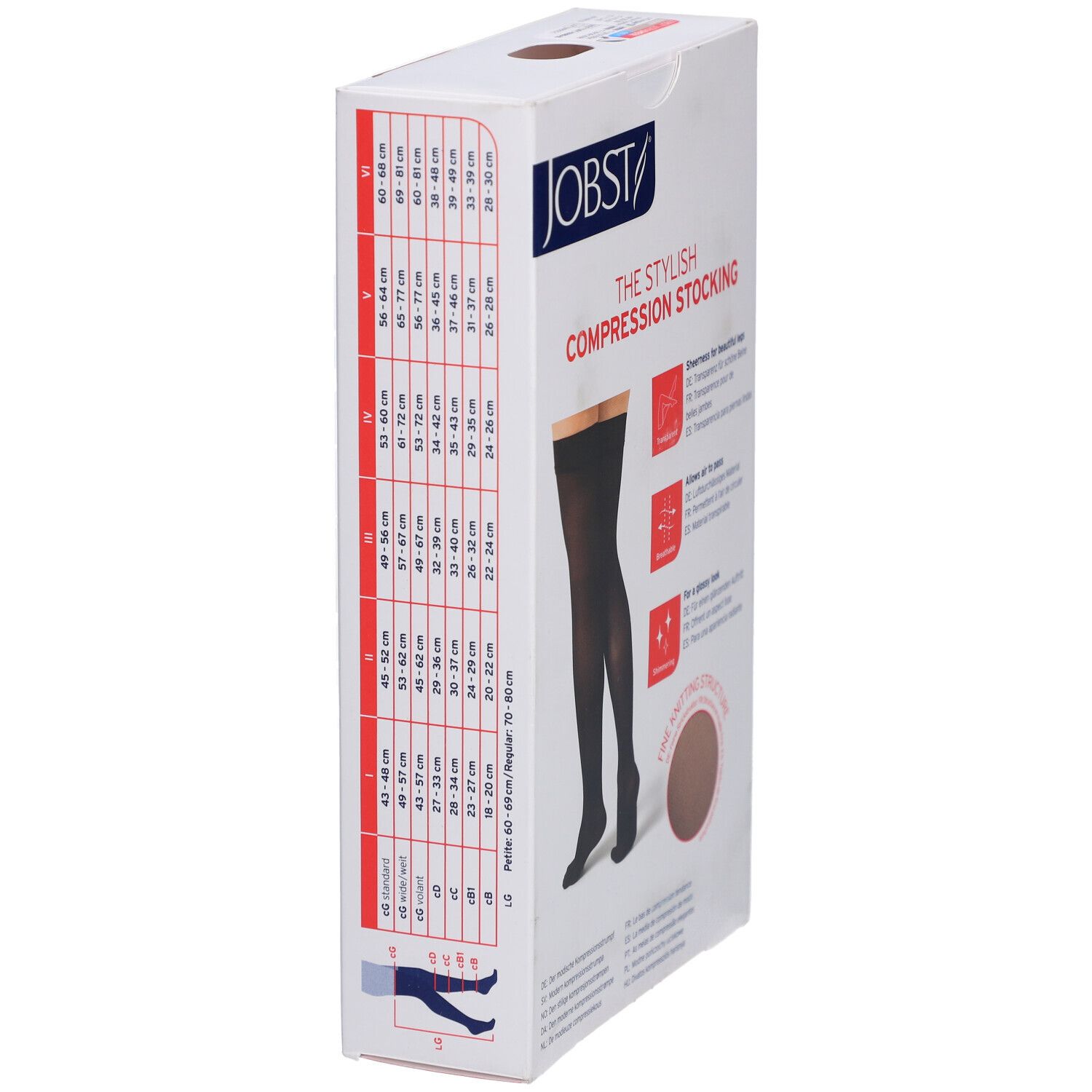 Verpackung JOBST Kompressionsstrümpfe. Größentabelle. Abgebildet: Bein mit braunem Strumpf. Text: The Stylish Compression Stocking.