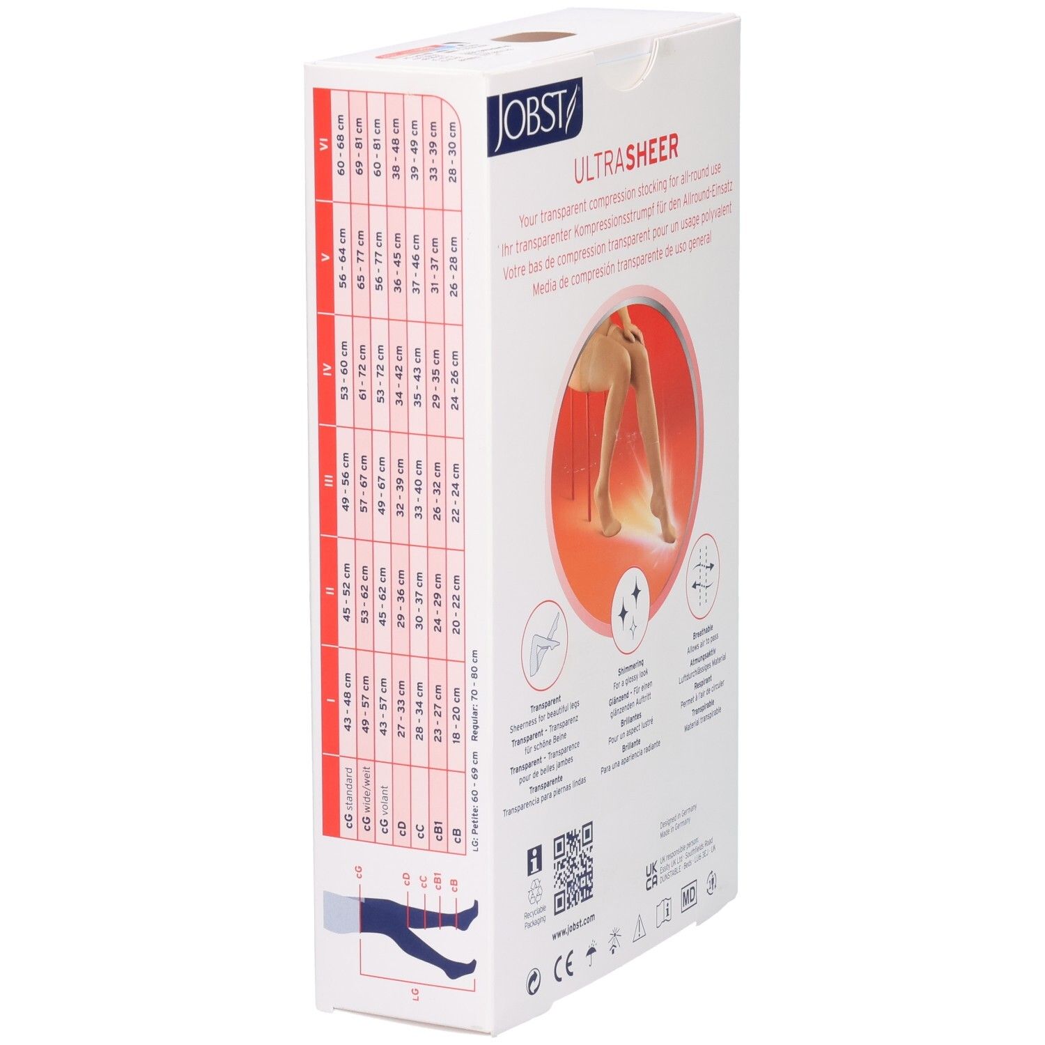 Kartonverpackung für Kompressionsstrümpfe mit Größentabelle und Abbildung eines Beins.