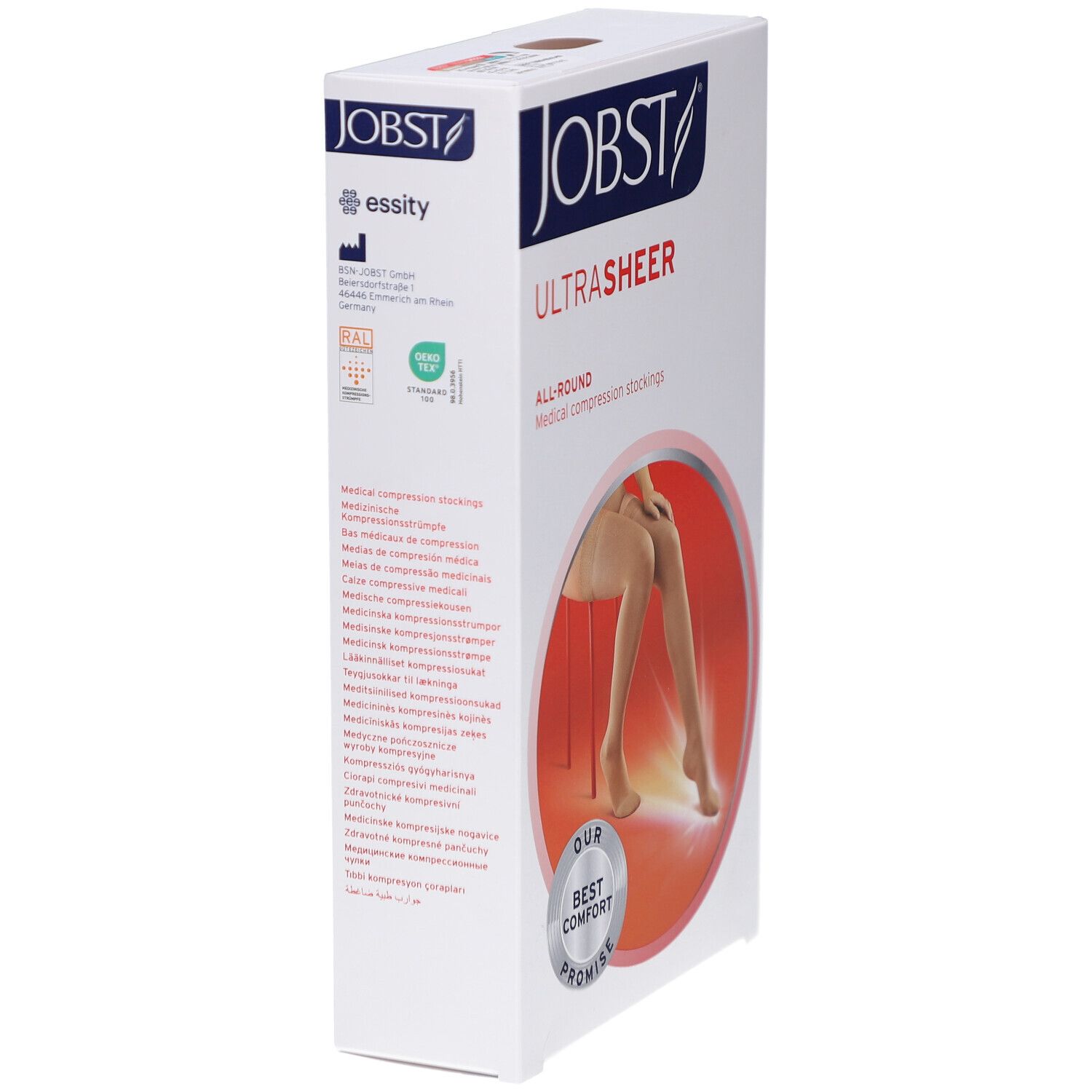 Verpackung JOBST UltraSheer. Medizinische Kompressionsstrümpfe. Seitenansicht mit Text und Logo. Essity-Logo und weitere Informationen.