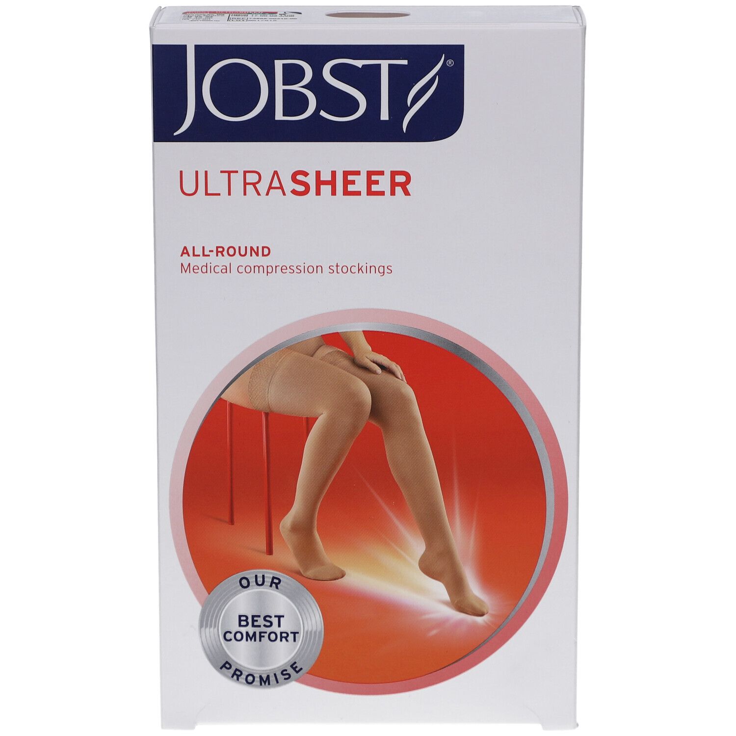 Verpackung JOBST UltraSheer Kompressionsstrümpfe. Abbildung eines Beines mit Strumpf. Text: ALL-ROUND, Medical compression stockings.