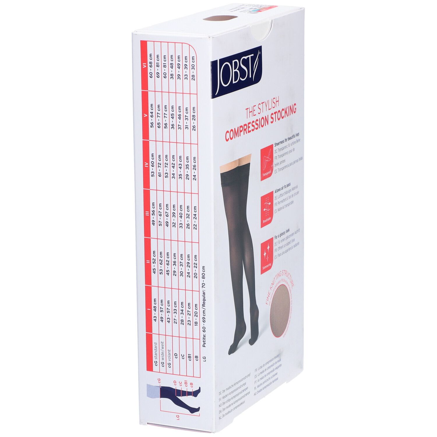 Verpackung JOBST. Kompressionsstrumpf. Größentabelle. Eigenschaften: transparent, atmungsaktiv, glänzend. Schwarze Strümpfe.