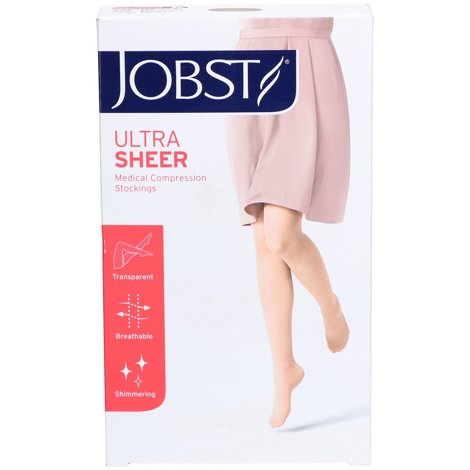 Verpackung JOBST Ultrasheer. Medizinische Kompressionsstrümpfe. Eigenschaften: transparent, atmungsaktiv, schimmernd. Farbe: Caramel.