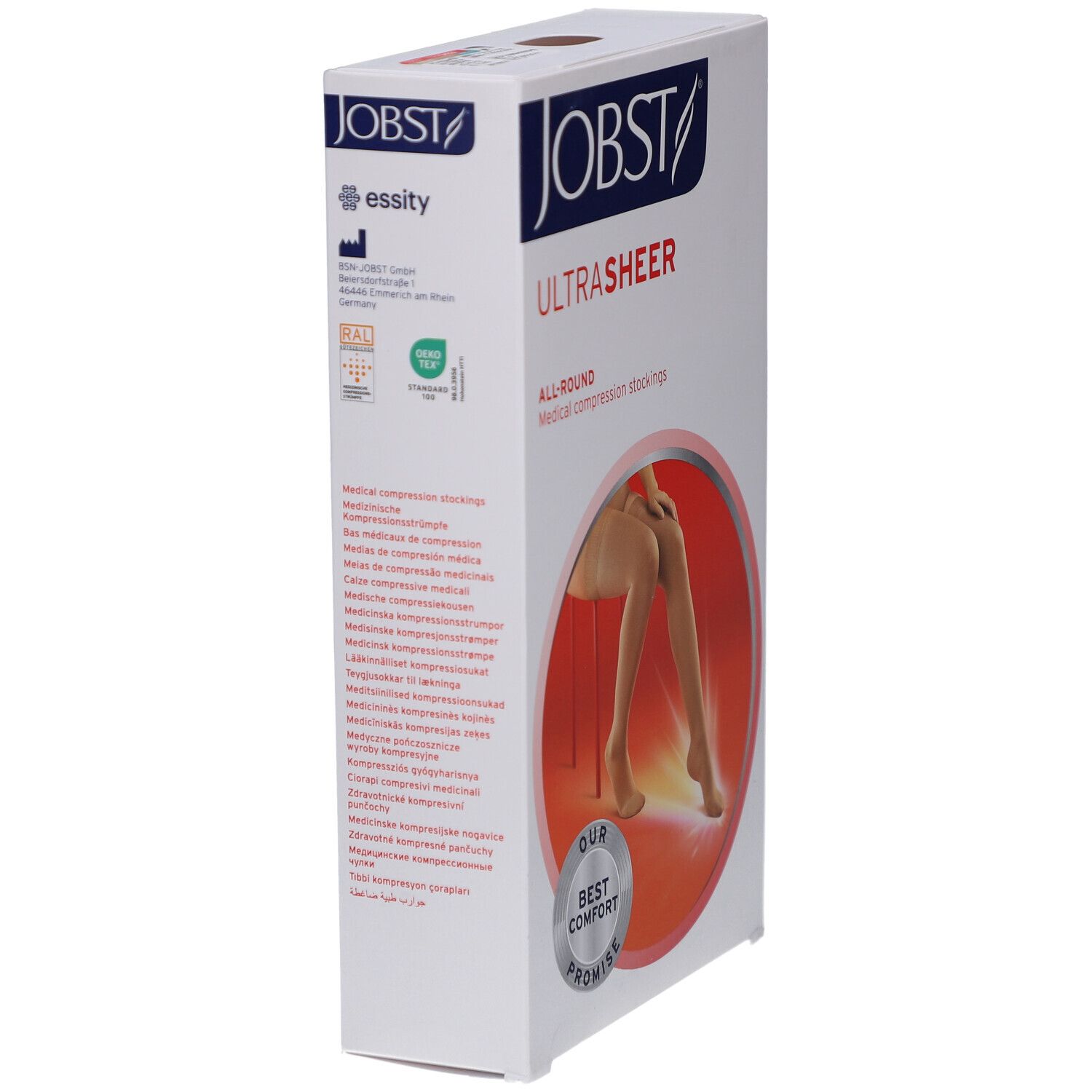 Verpackung JOBST UltraSheer. Aufdruck: JOBST, UltraSheer, medizinische Kompressionsstrümpfe. Logos: essity, Grün, Medizinprodukt. Abbildung: Bein.