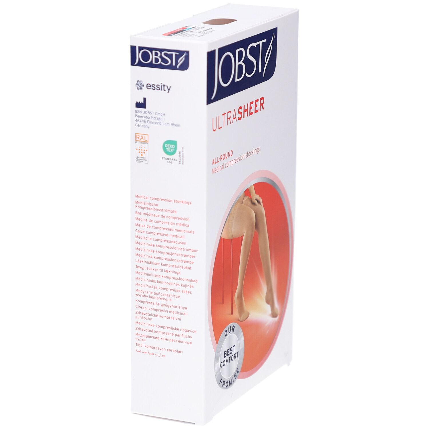 Verpackung JOBST UltraSheer Kompressions-Schenkelstrümpfe. Weißer Karton mit Produktabbildung und Logo. Aufschrift: ALL-ROUND Medical compression stockings.