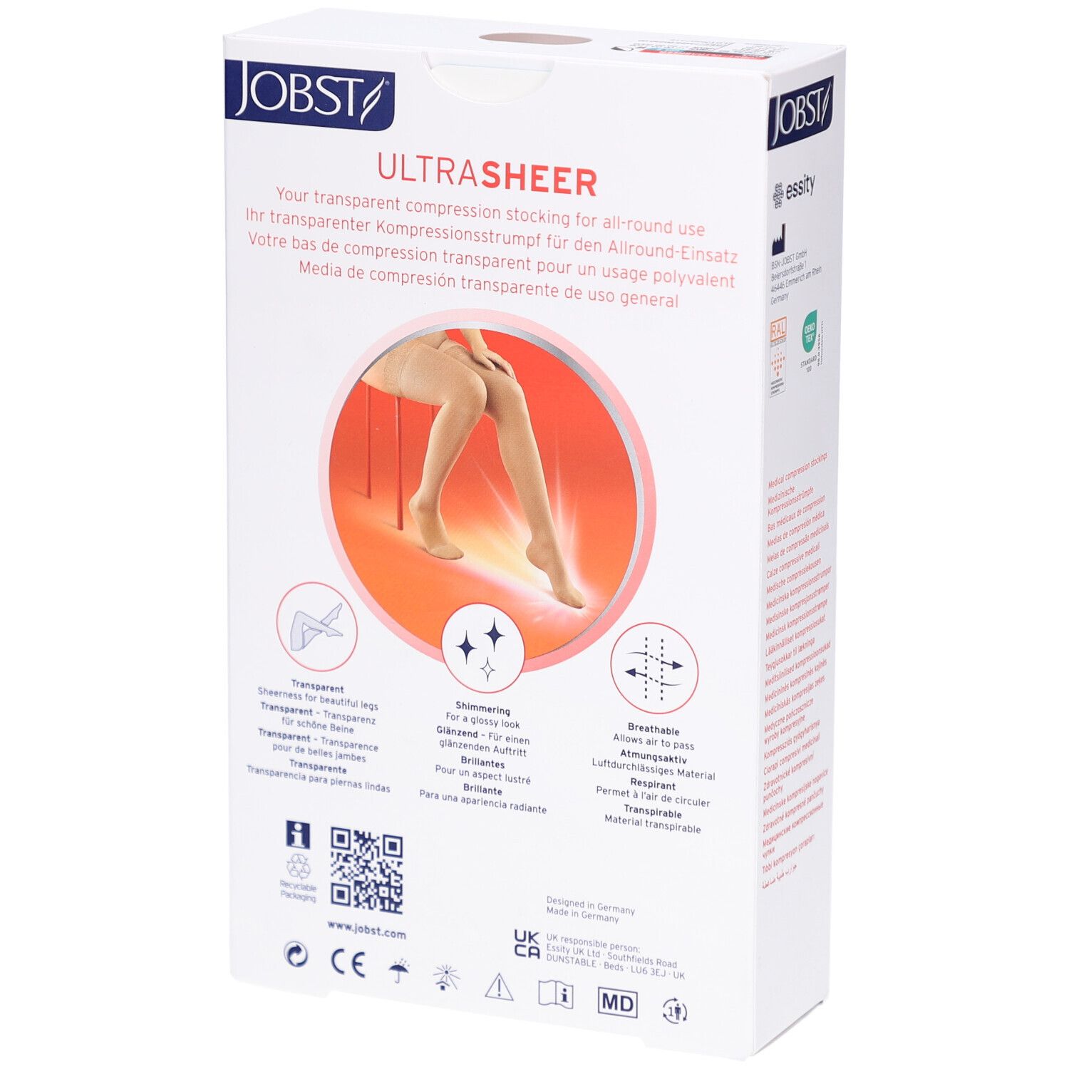 Rückseite der Verpackung JOBST UltraSheer Kompressions-Schenkelstrümpfe. Text in mehreren Sprachen. Abbildungen von Produktmerkmalen.