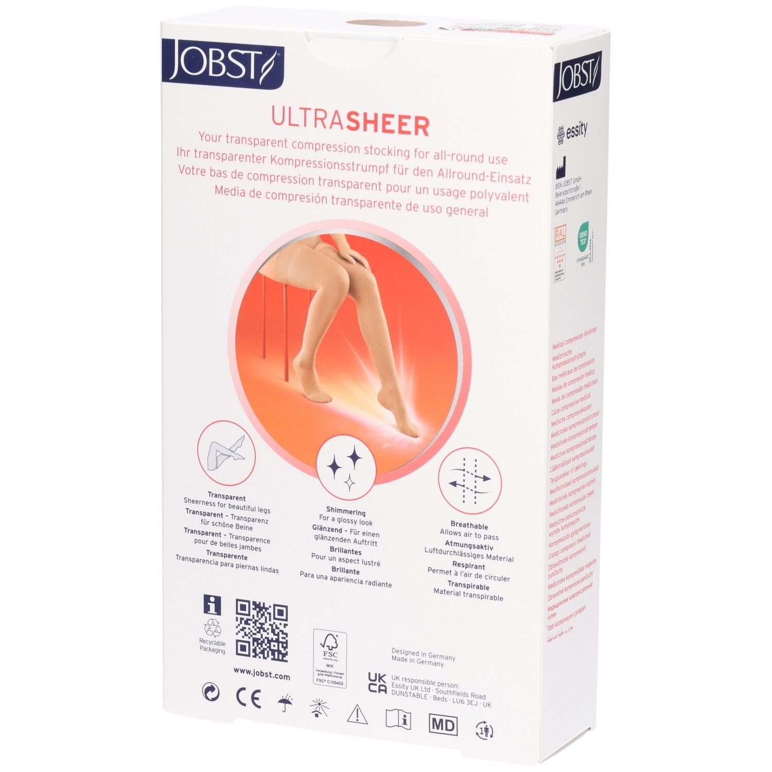 Rückseite der Verpackung JOBST UltraSheer. Text über transparente Kompressionsstrümpfe. Grafiken und Zertifizierungen.