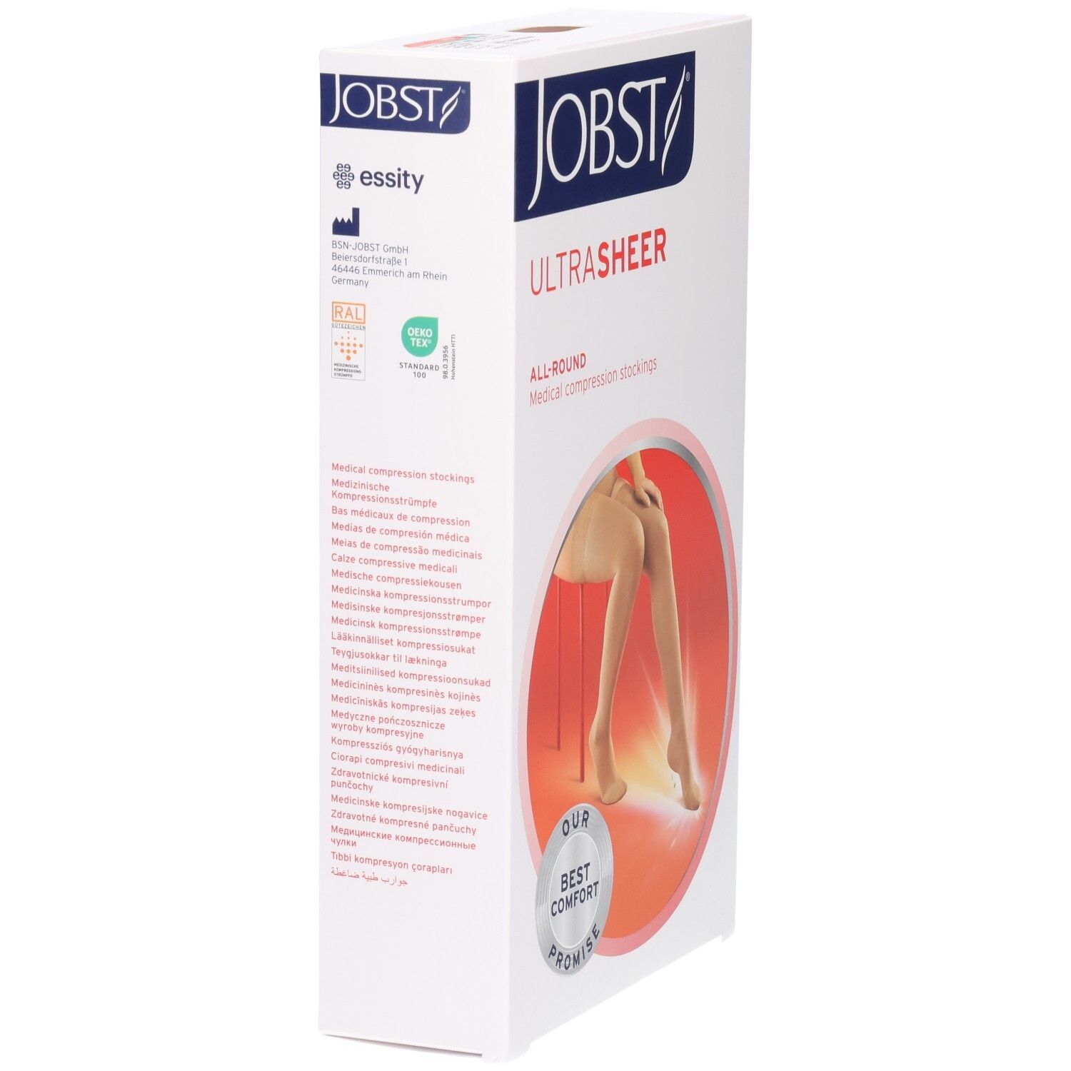 JOBST UltraSheer Kompressions-Schenkelstrümpfe: Seitenansicht der Verpackung mit Produktinformationen und Siegeln.