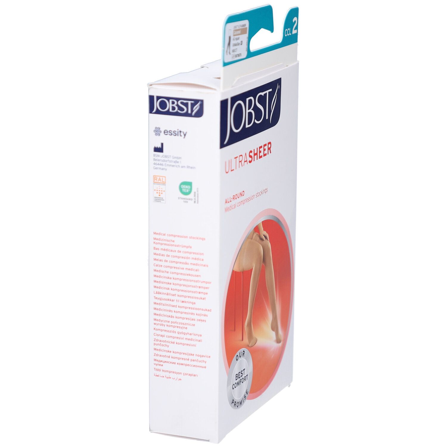 Seitenansicht der Verpackung von JOBST UltraSheer Kompressions-Schenkelstrümpfen. Weißer Karton mit Text und Logo.