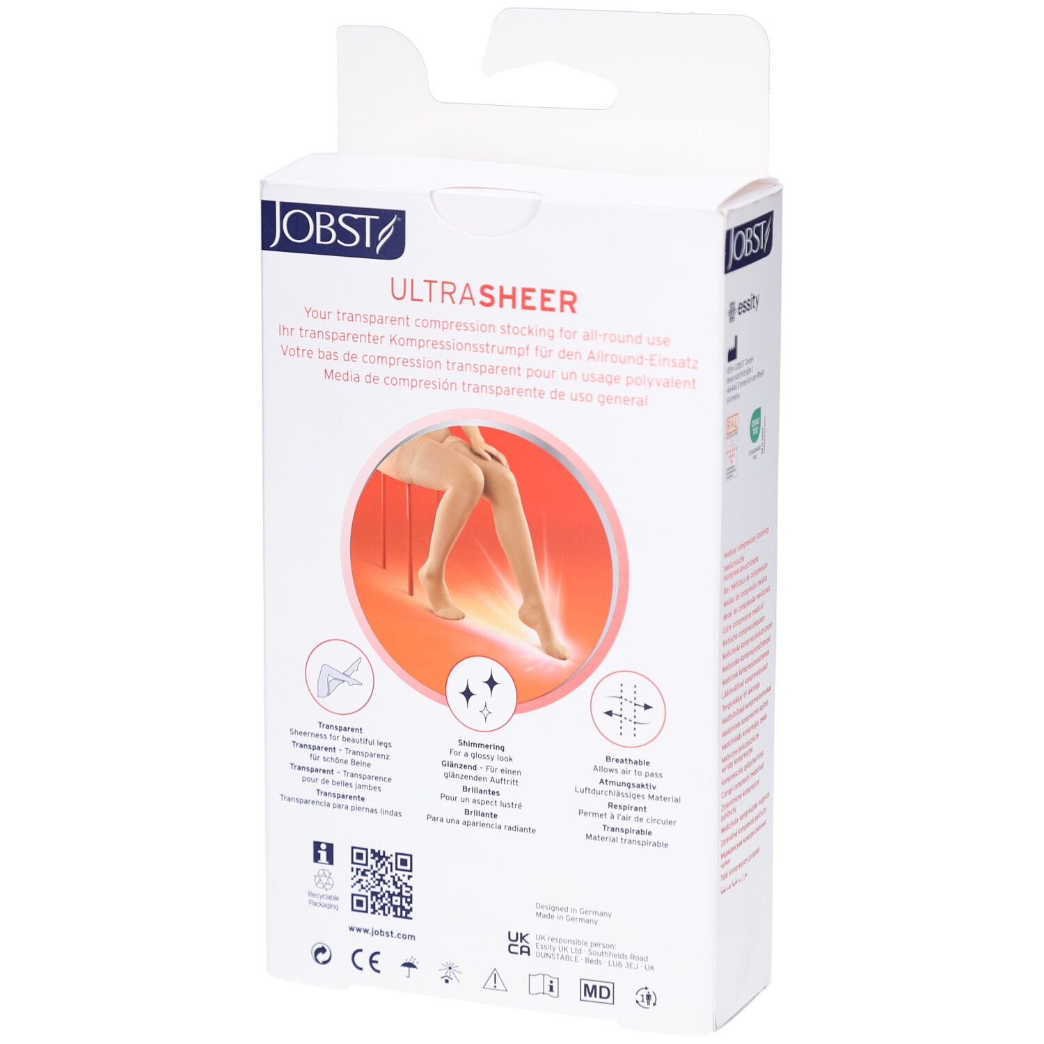 Rückseite der Verpackung von JOBST UltraSheer Kompressions-Schenkelstrümpfen. Enthält Produktinformationen und Logos.