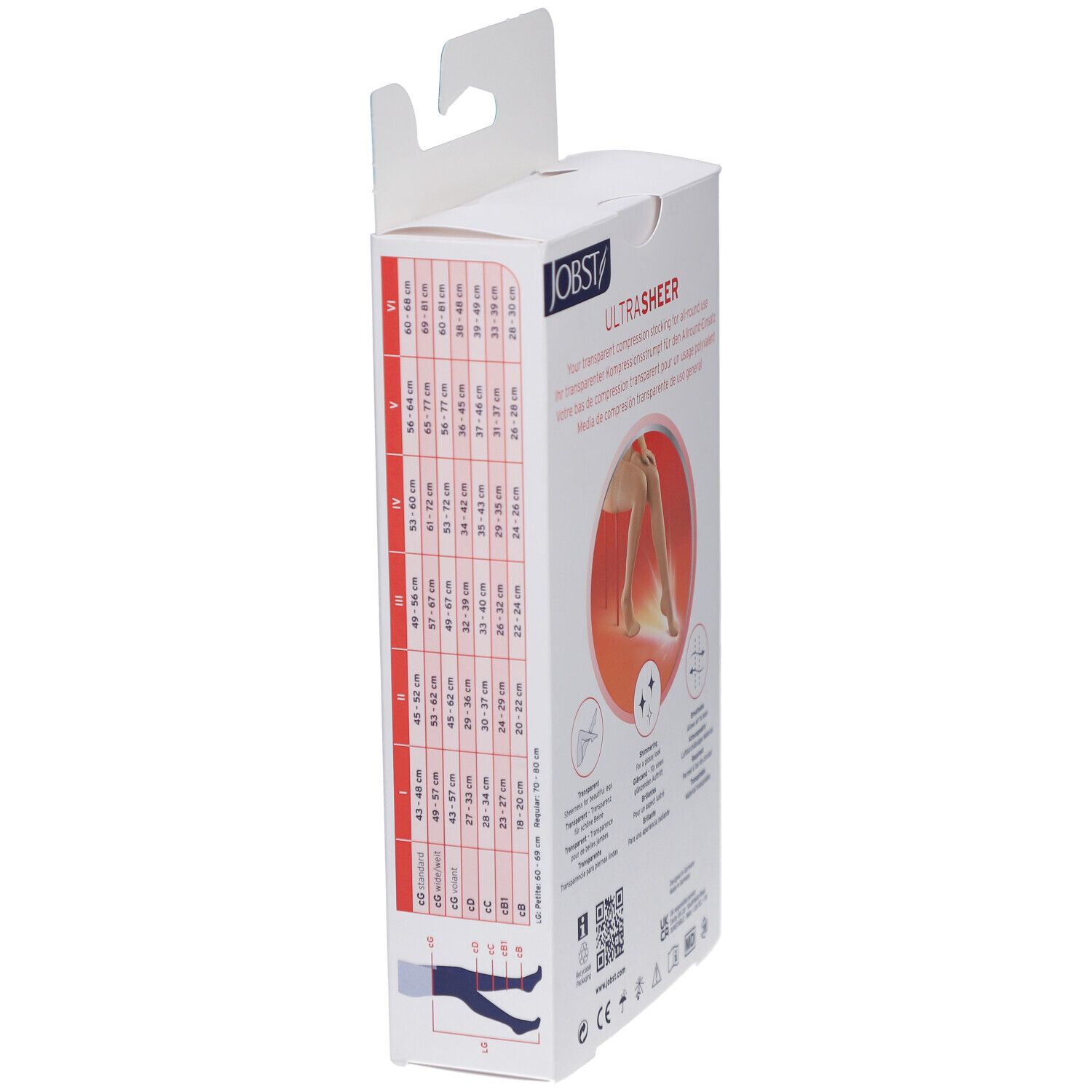 Seitenansicht der Verpackung von JOBST UltraSheer Kompressions-Schenkelstrümpfen. Größentabelle und Produktinformationen.
