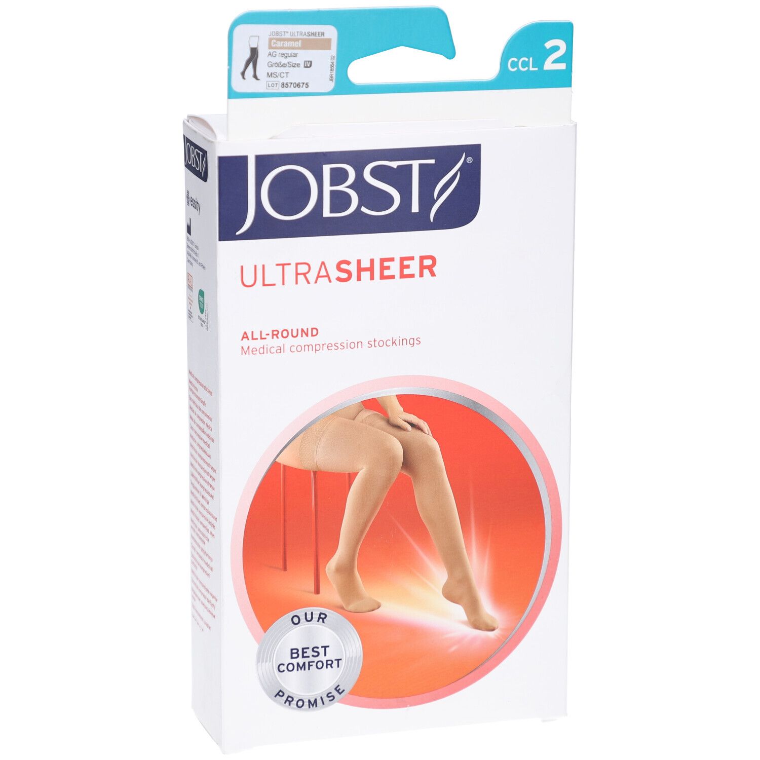 Verpackung von JOBST UltraSheer Kompressions-Schenkelstrümpfen. Weißer Karton mit Produktabbildung und Logo. CCL 2.