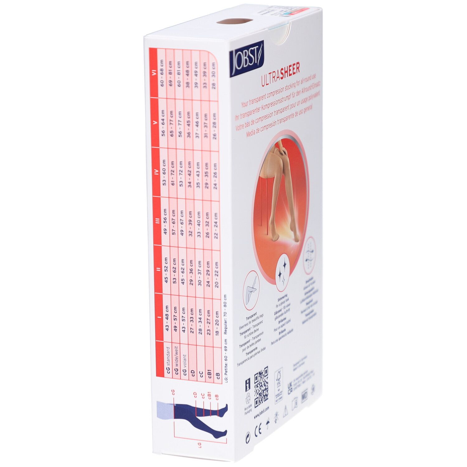 Verpackung JOBST UltraSheer. Seite mit Größentabelle. Illustration: Bein mit Strumpf. Logos: CE, MD.