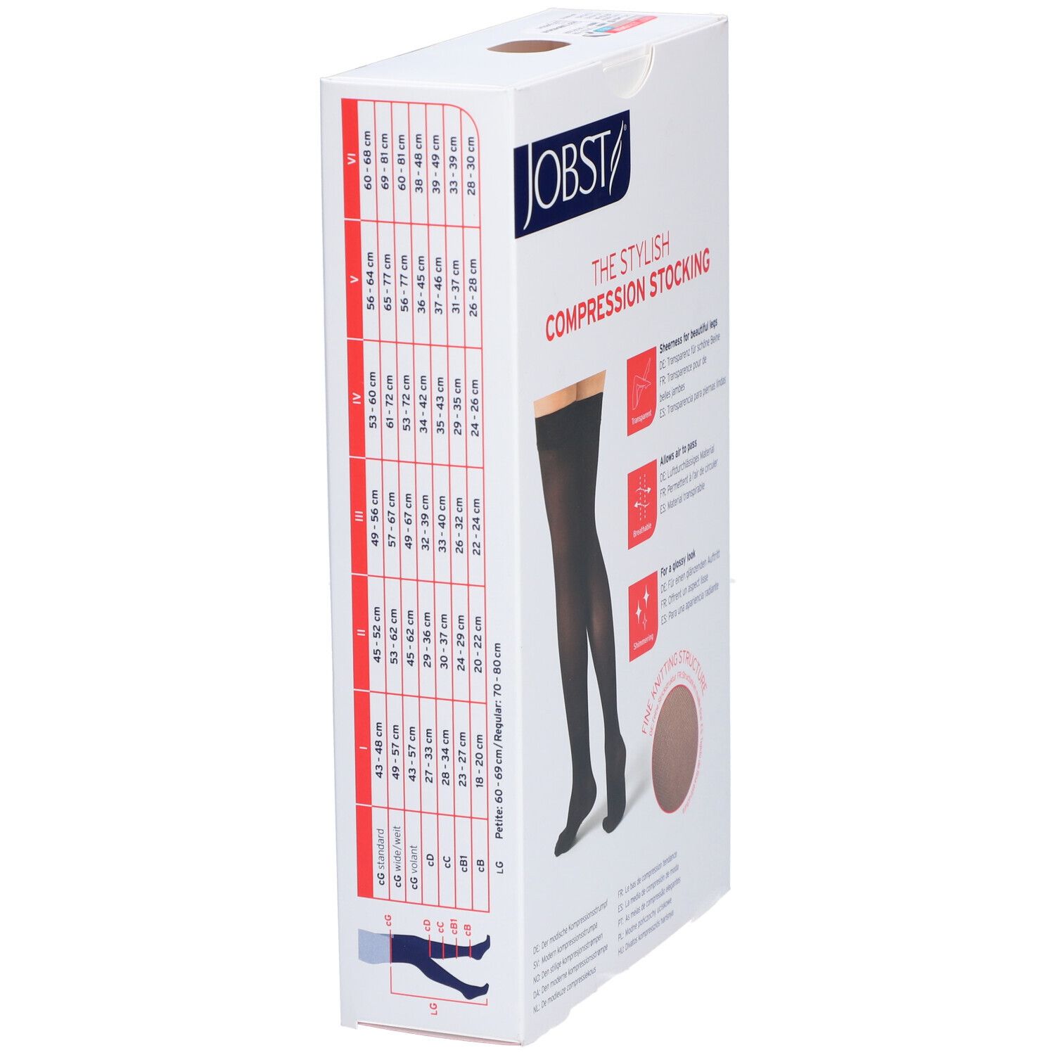Verpackung von JOBST Kompressionsstrümpfen. Größentabelle und Produktabbildung. Text: The Stylish Compression Stocking.