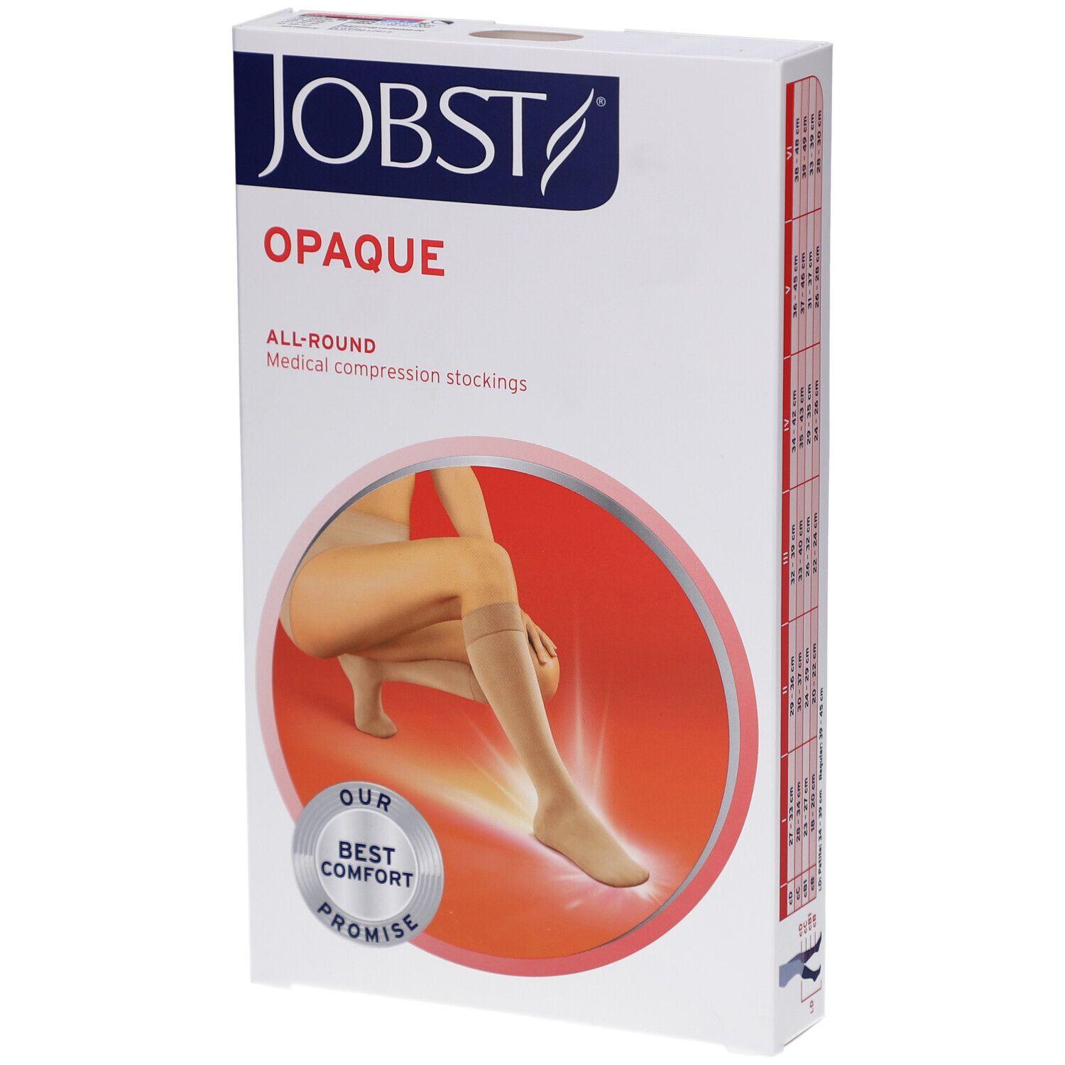 Verpackung JOBST Opaque Kompressions-Kniestrümpfe. Beige Strümpfe, Abbildung einer Frau. Schriftzug: Opaque, All-Round, Best Comfort.
