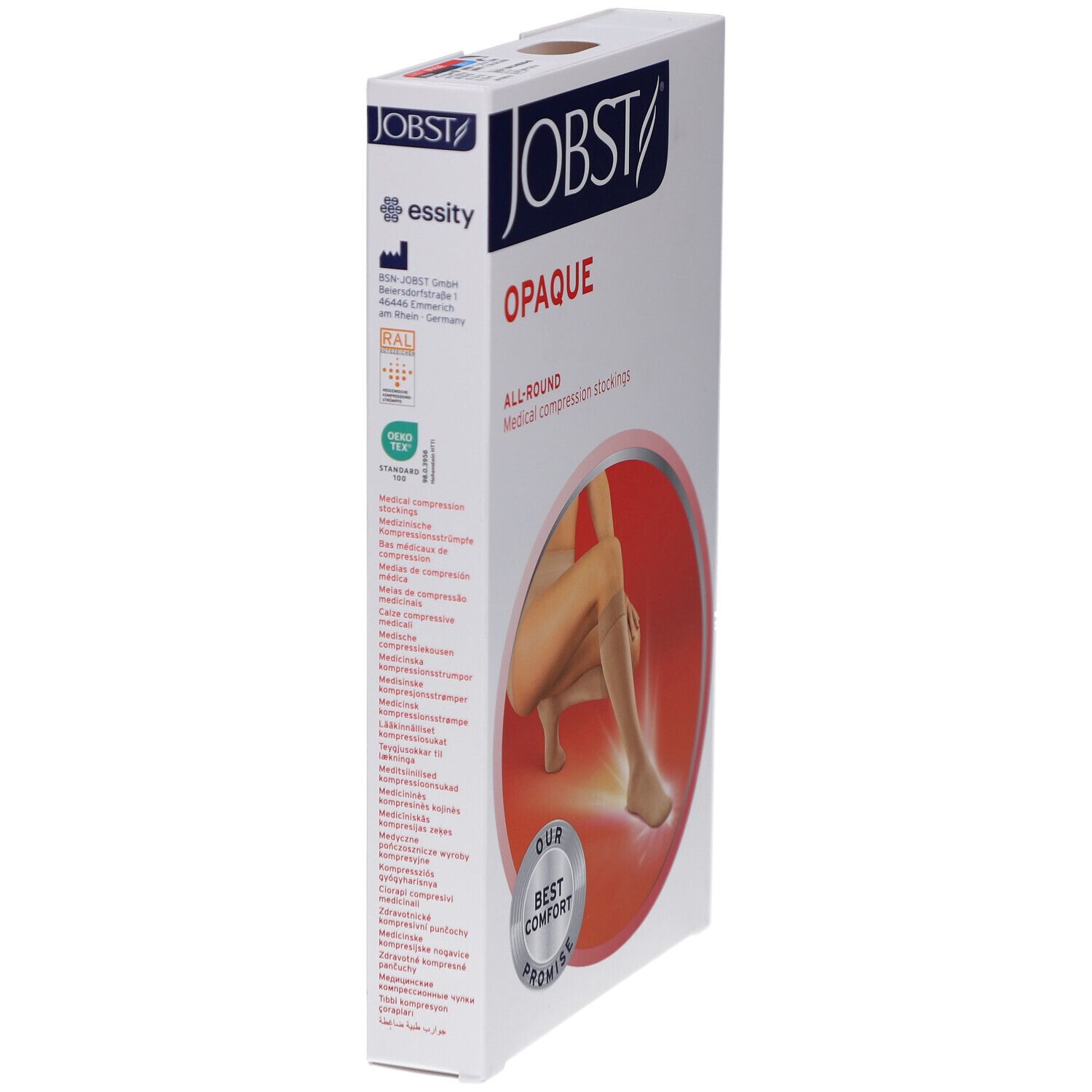 Verpackung JOBST Opaque Kompressions-Kniestrümpfe. Beige Strümpfe, Abbildung einer Frau. Schriftzug: Opaque, All-Round, Best Comfort. Logos.